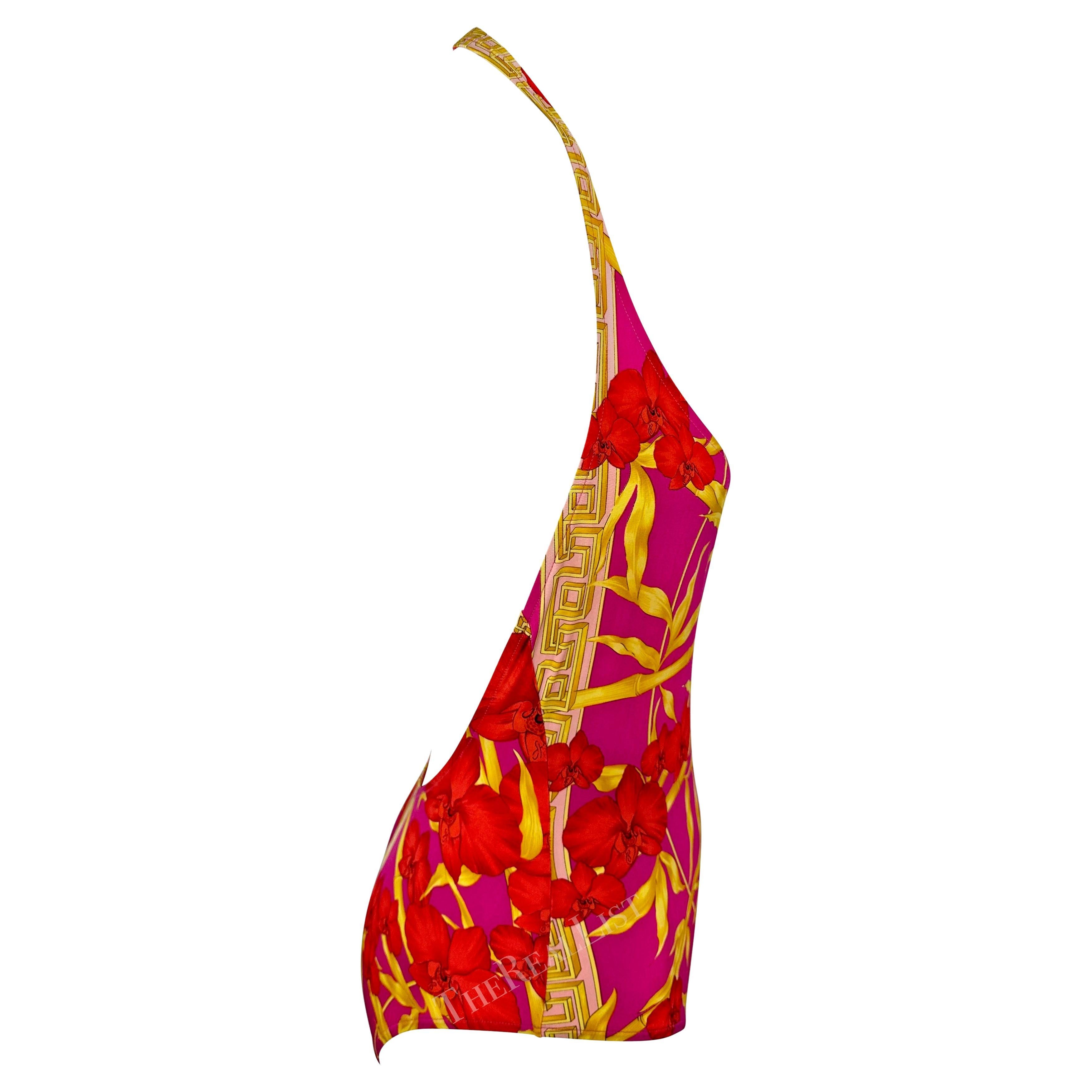 S/S 2000 Versace by Donatella Hot Pink Bamboo Plunging Halter One-Piece Swimsuit For Sale 2