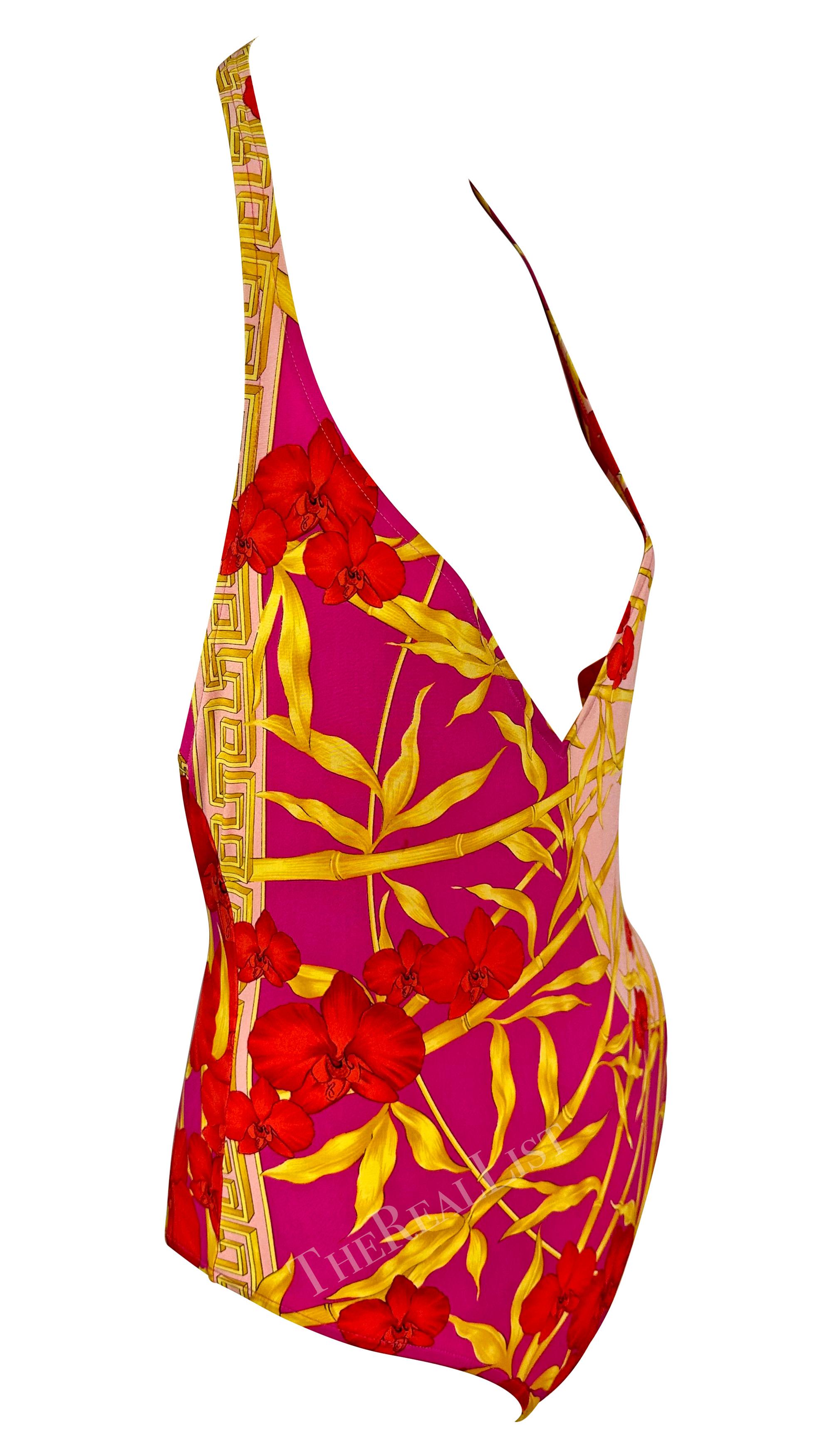 S/S 2000 Versace by Donatella Hot Pink Bamboo Plunging Halter One-Piece Swimsuit For Sale 2