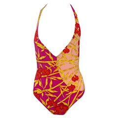 F/S 2000 Versace by Donatella Hot Pink Bambus Tief ausgeschnittener Badeanzug mit Trägern