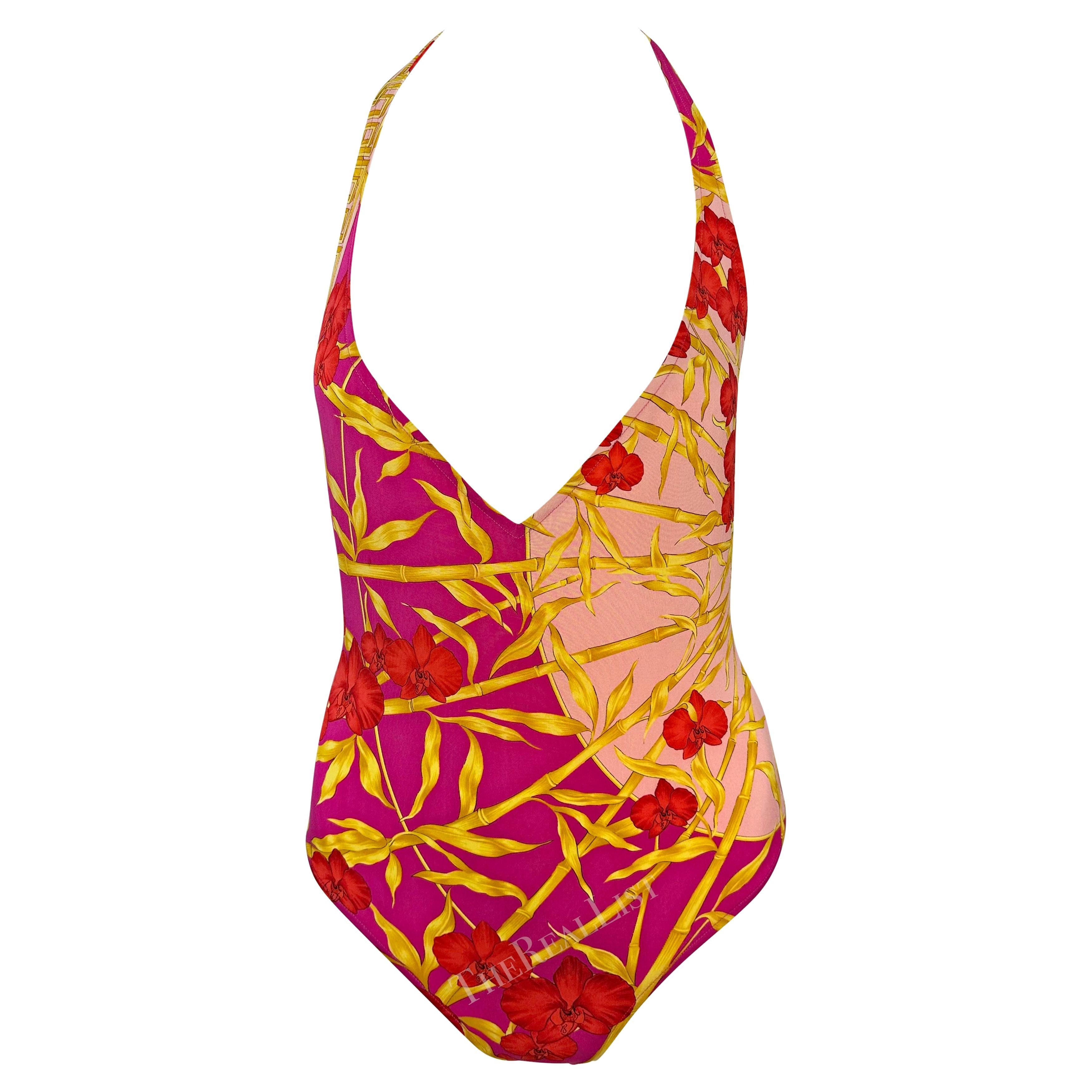 S/S 2000 Versace by Donatella Hot Pink Bamboo Plunging Halter One-Piece Swimsuit For Sale