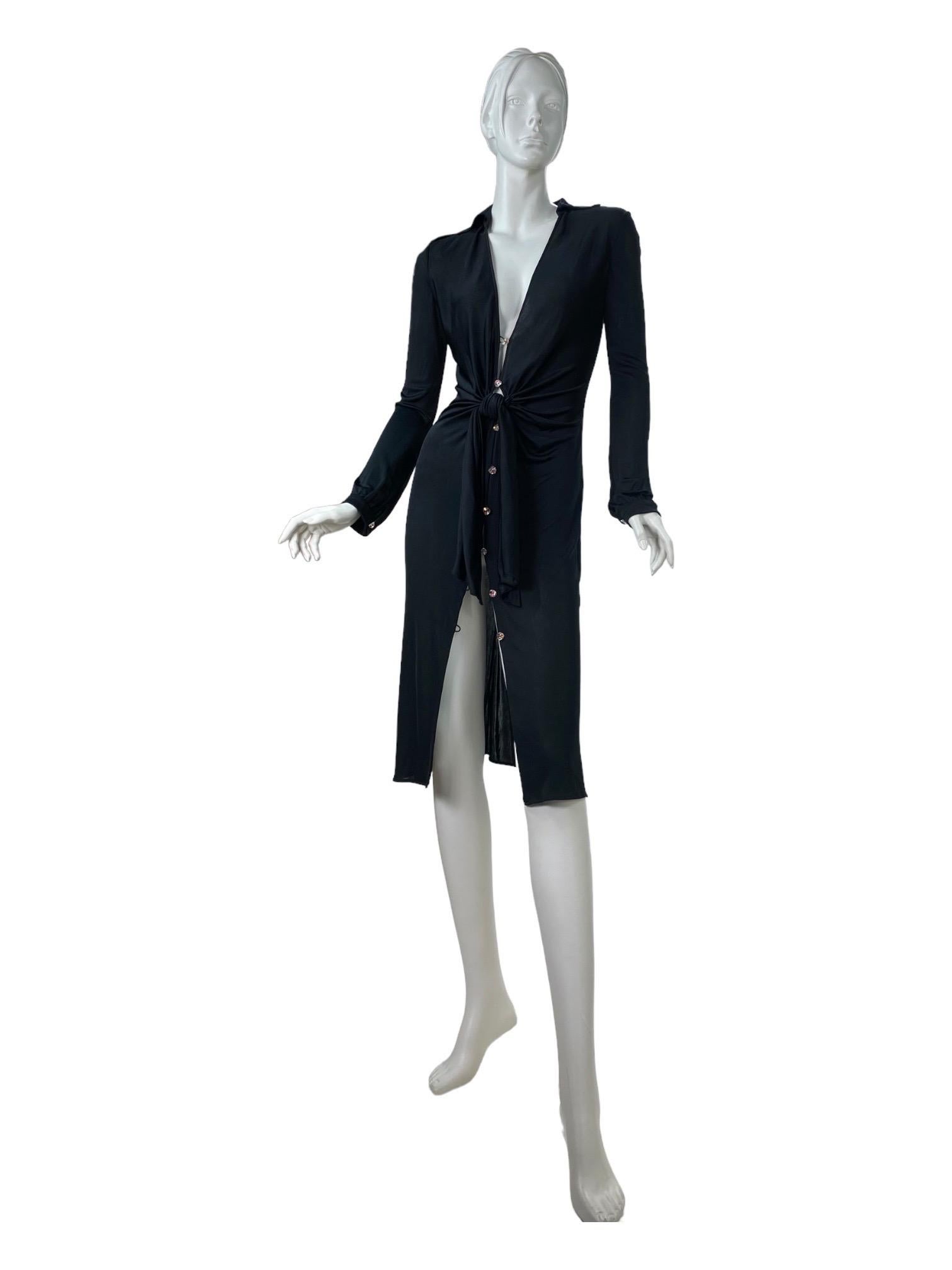 S/S 2000 Vintage Gianni Versace Couture Runway Black Deep V-Neck Dress For Sale 1