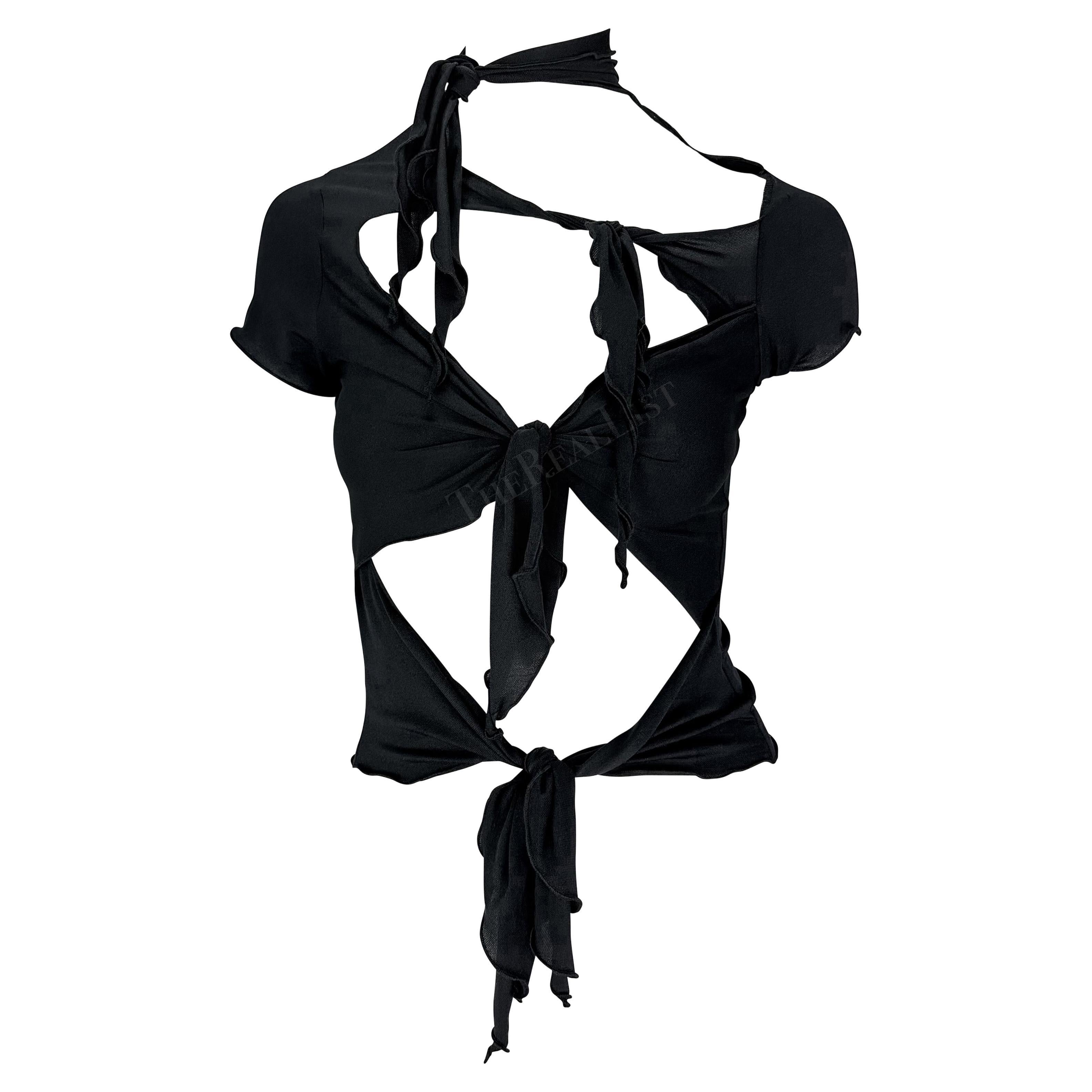 F/S 2001 Anna Sui Krawatte vorne Stretch Bodycon Cutout Schwarzes T-Shirt