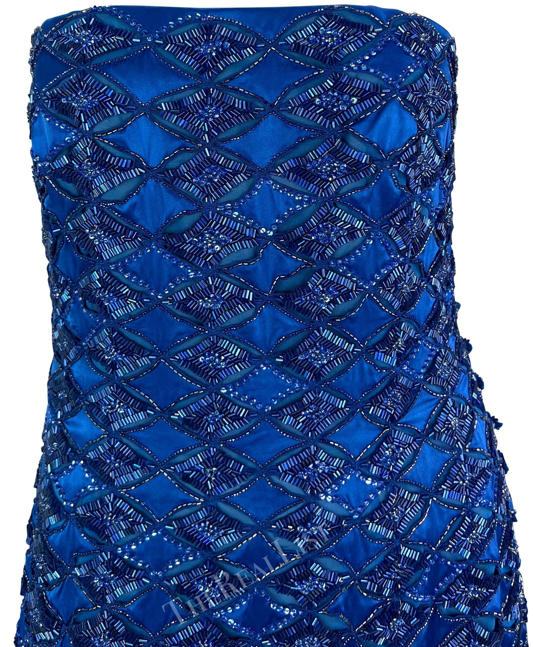 Bleu Mini robe bustier bleue perlée défilé Atelier Versace by Donatella, P/E 2001 en vente