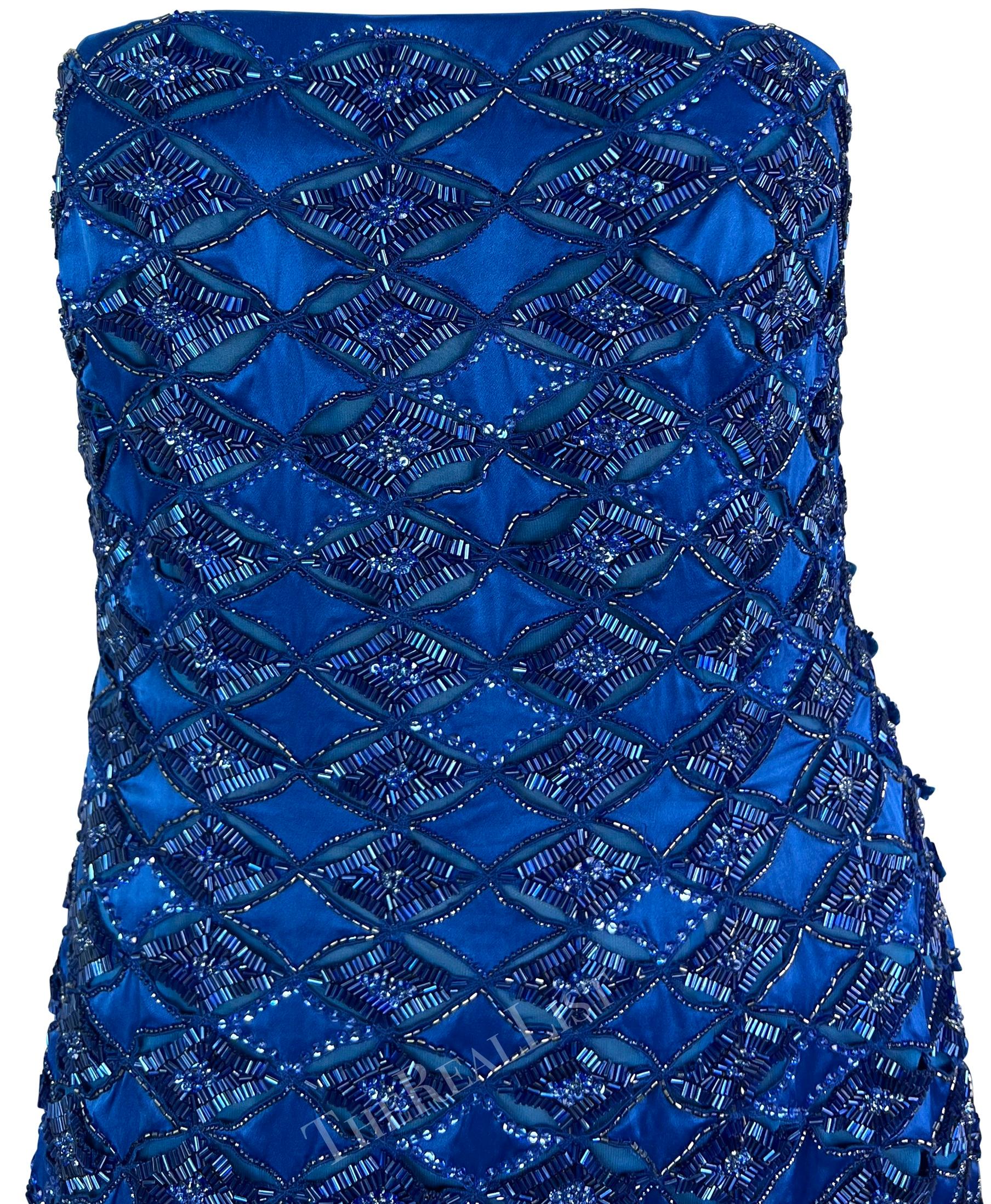 Women's S/S 2001 Atelier Versace by Donatella Runway Blue Beaded Strapless Mini Dress For Sale