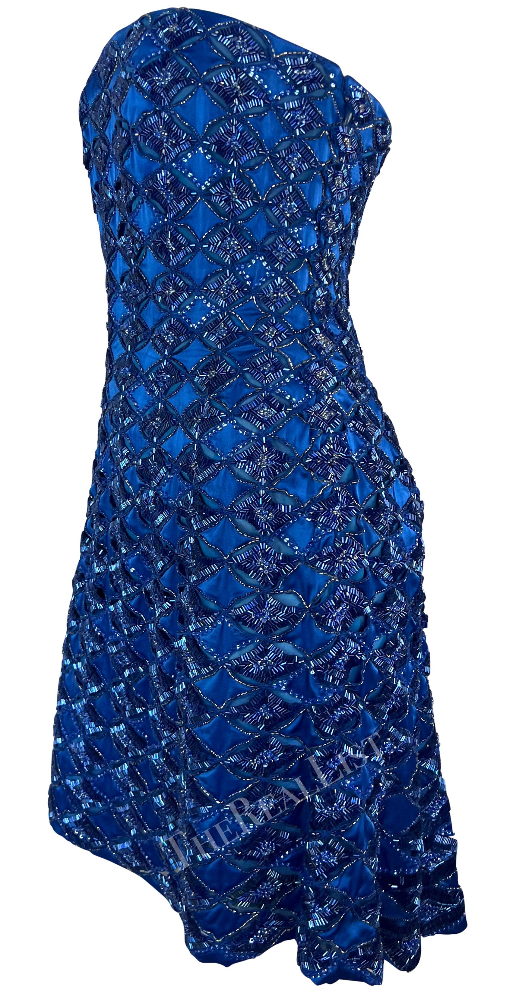 S/S 2001 Atelier Versace by Donatella Runway Blue Beaded Strapless Mini Dress For Sale 3