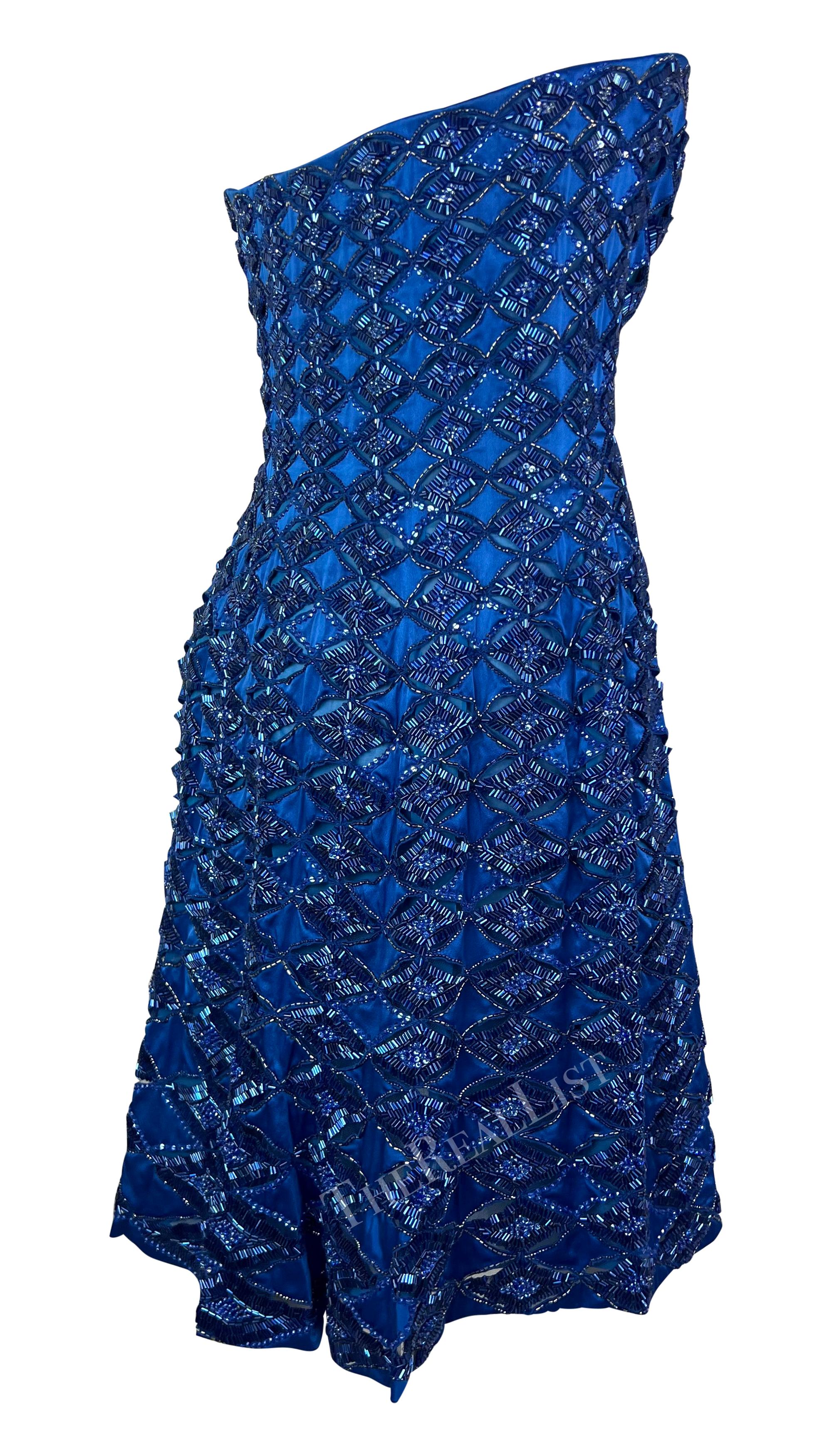S/S 2001 Atelier Versace by Donatella Runway Blue Beaded Strapless Mini Dress For Sale 5