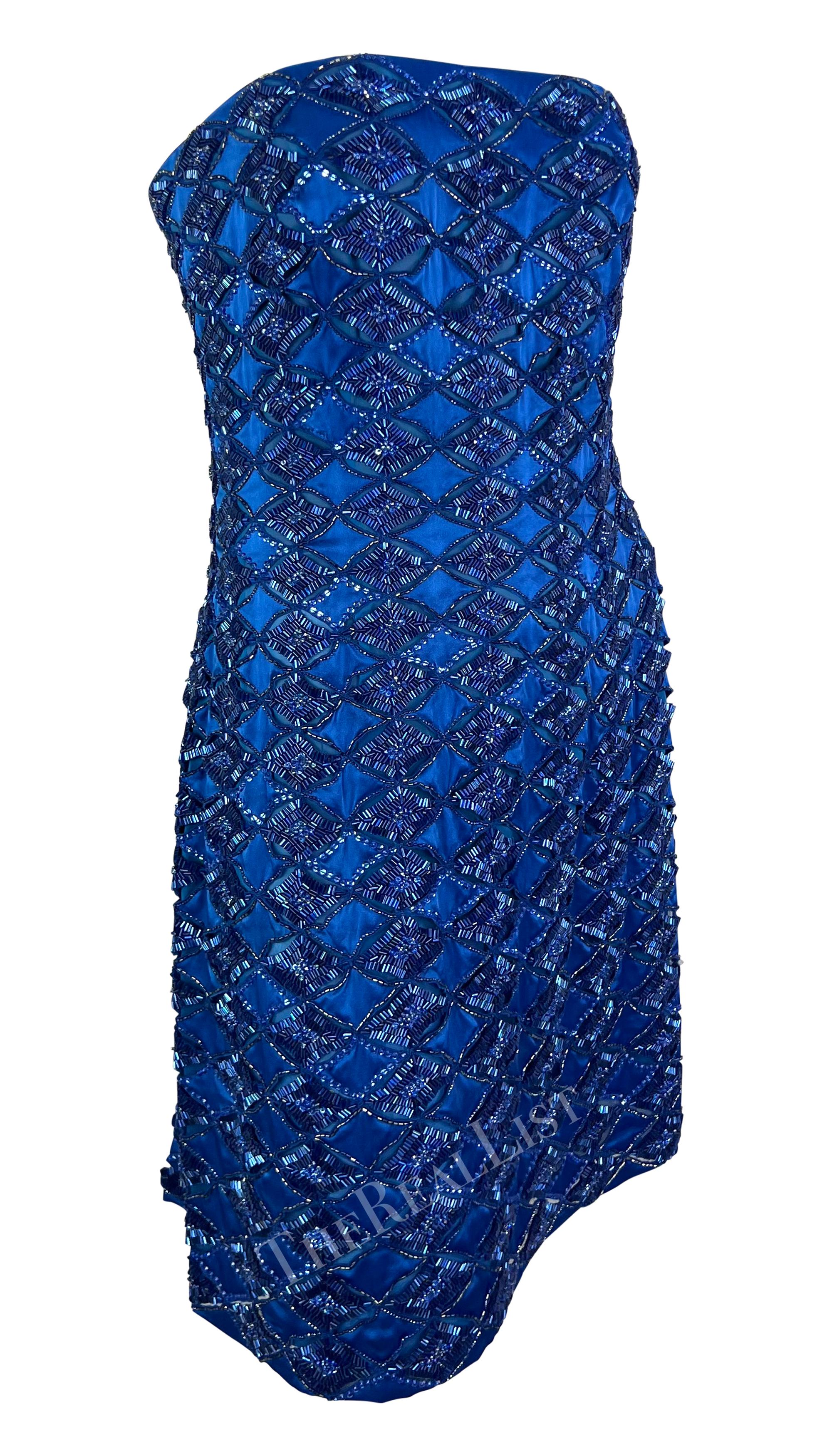 S/S 2001 Atelier Versace by Donatella Runway Blue Beaded Strapless Mini Dress For Sale 6