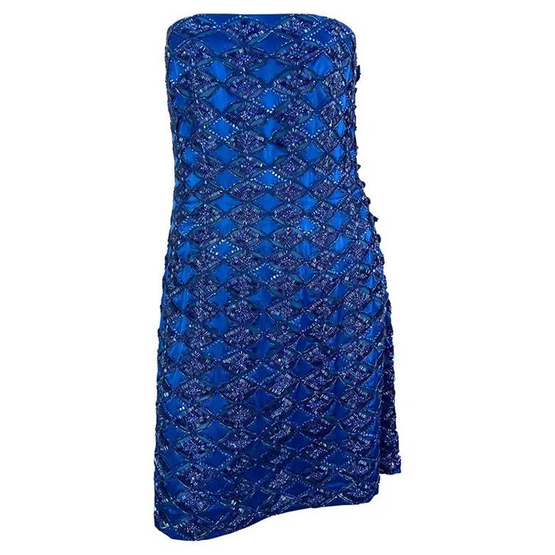 S/S 2001 Atelier Versace by Donatella Pasarela Mini vestido sin tirantes con cuentas azules