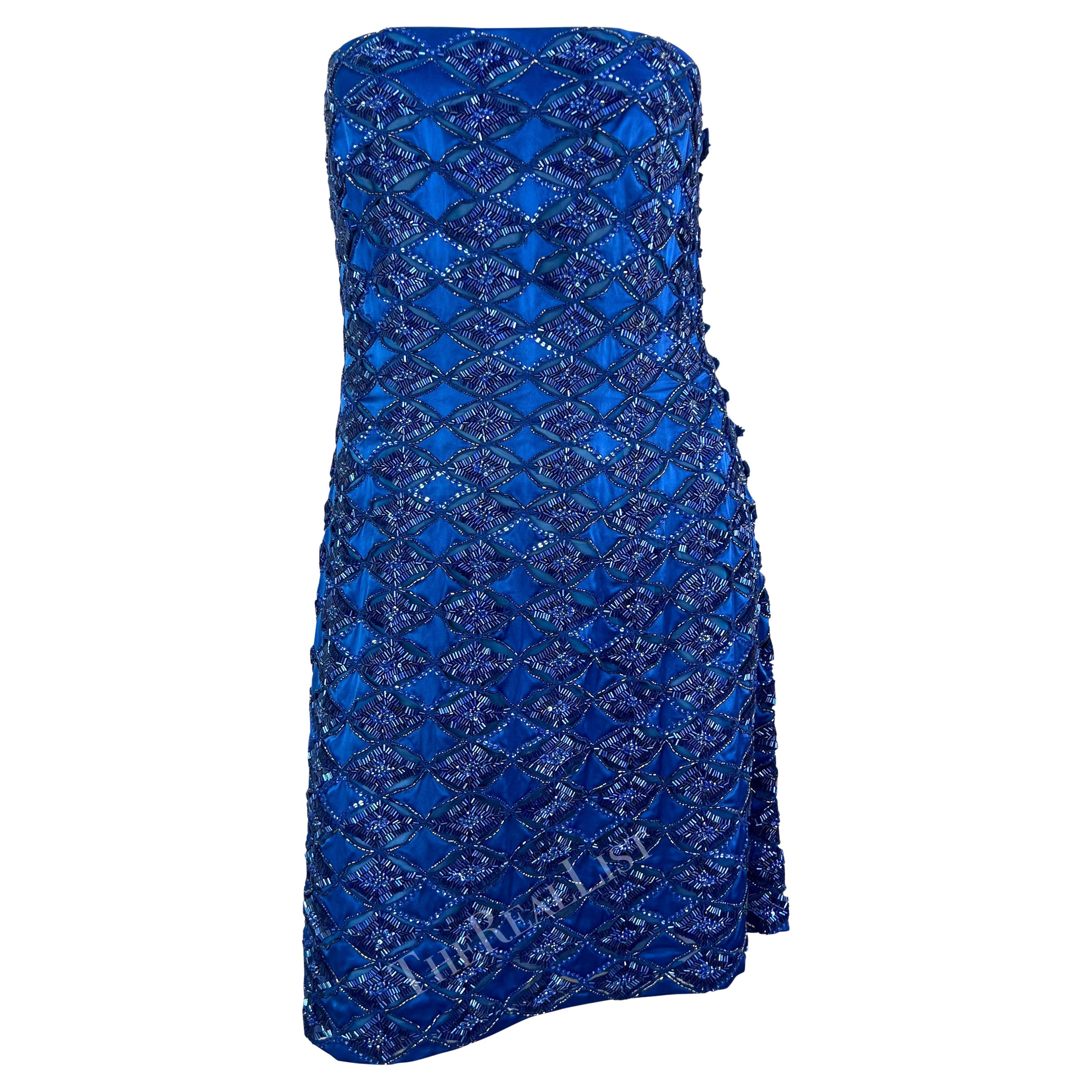 S/S 2001 Atelier Versace by Donatella Runway Blue Beaded Strapless Mini Dress For Sale