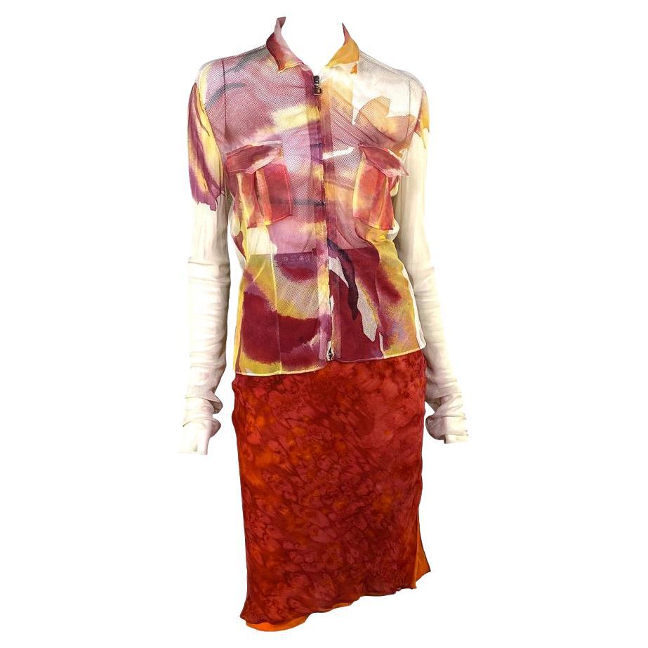 S/S 2001 Christian Dior by John Galliano Belted Mesh Tie-Dye Top Skirt Set