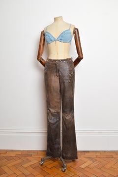 S/S 2001 Christian Dior by John Galliano Brown Distressed Leather zip side pants