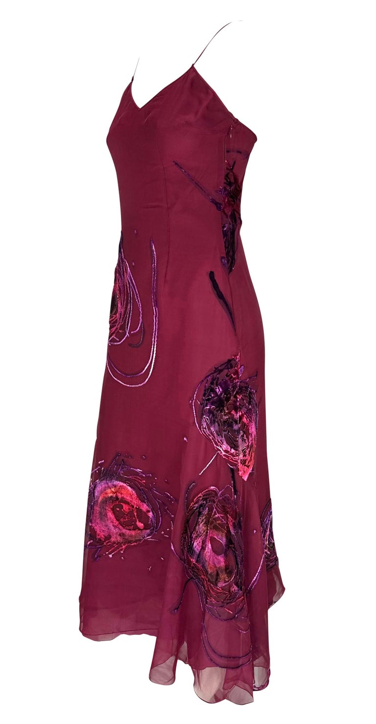 Women's S/S 2001 Christian Dior by John Galliano Dyed Velvet Abstract Maroon Flare Dress For Sale