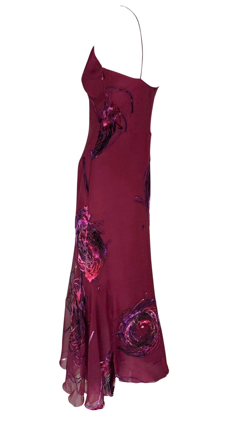 S/S 2001 Christian Dior by John Galliano Dyed Velvet Abstract Maroon Flare Dress For Sale 1