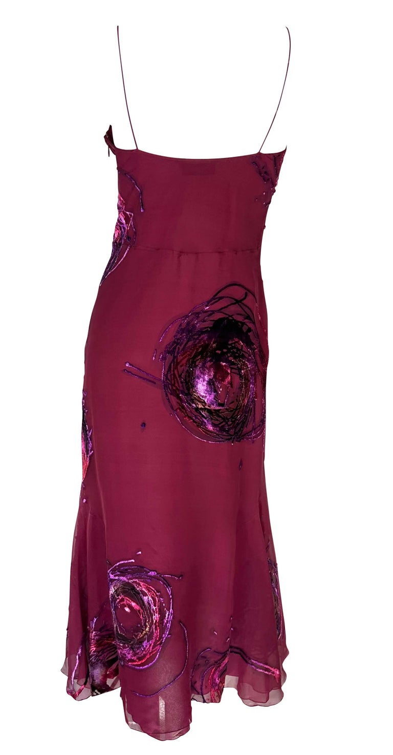 S/S 2001 Christian Dior by John Galliano Dyed Velvet Abstract Maroon Flare Dress For Sale 2