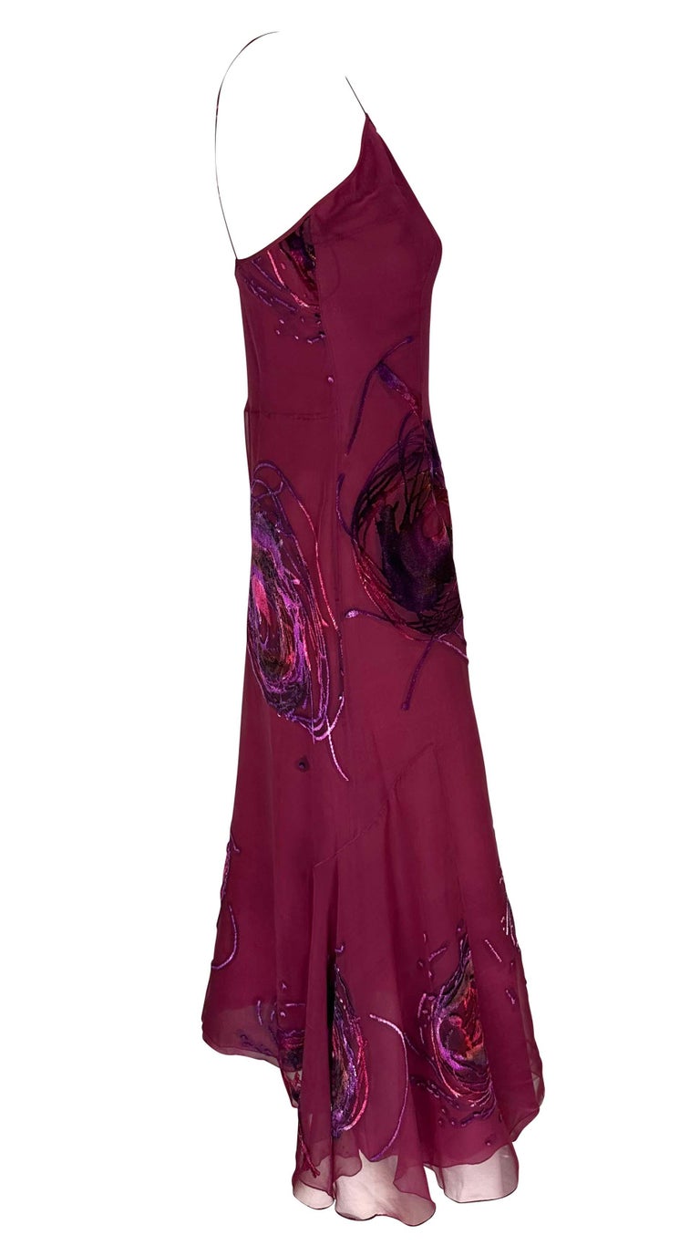 S/S 2001 Christian Dior by John Galliano Dyed Velvet Abstract Maroon Flare Dress For Sale 3
