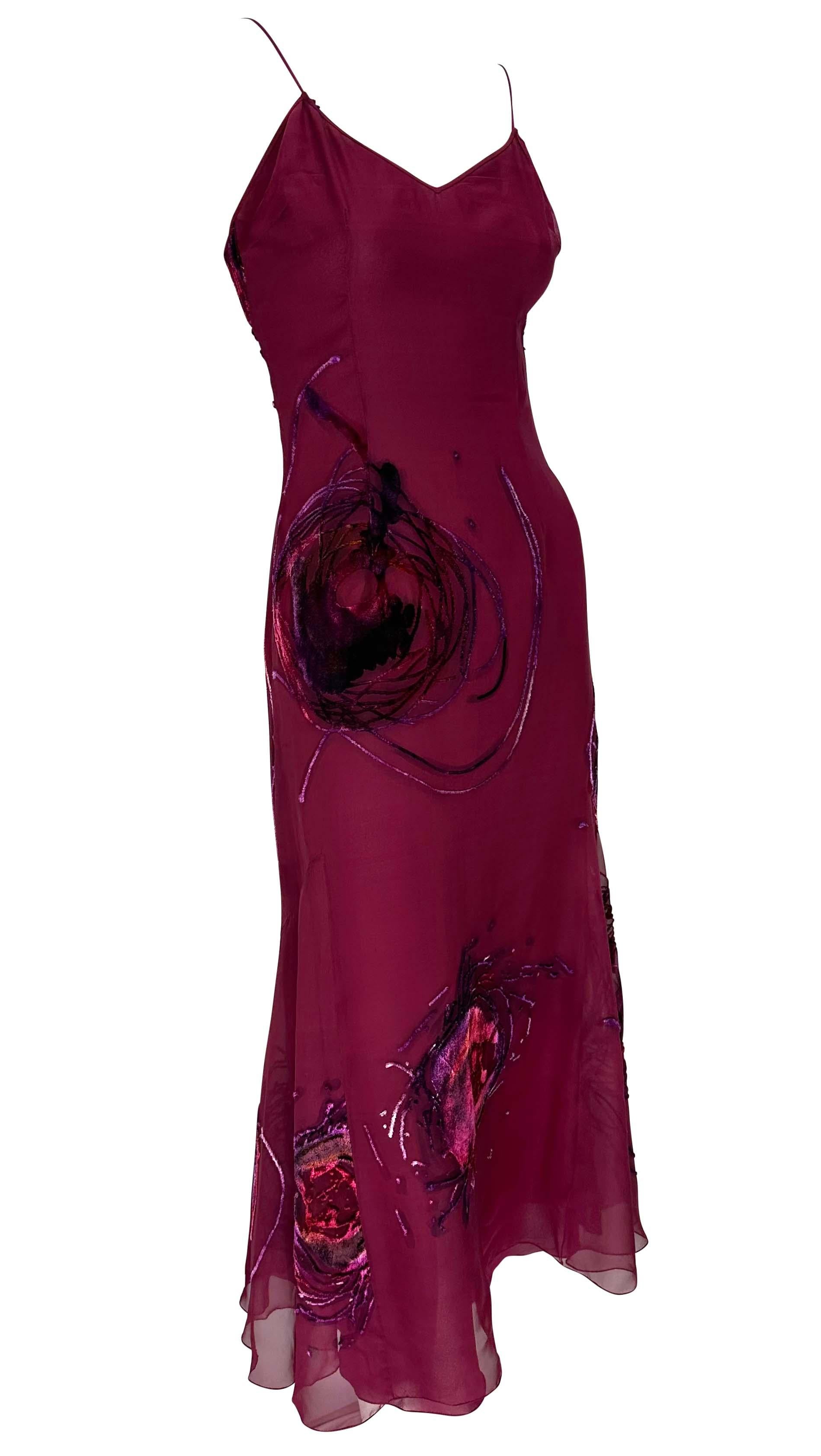 S/S 2001 Christian Dior by John Galliano Dyed Velvet Abstract Maroon Flare Dress For Sale 4