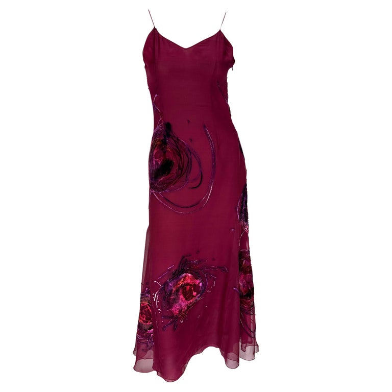 S/S 2001 Christian Dior by John Galliano Dyed Velvet Abstract Maroon Flare Dress For Sale
