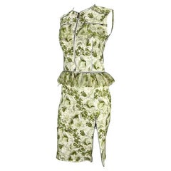 S/S 2001 Christian Dior by John Galliano Green Floral Logo Zip Ruffle Skirt Set