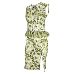 S/S 2001 Christian Dior by John Galliano Green Floral Logo Zip Ruffle Skirt Set