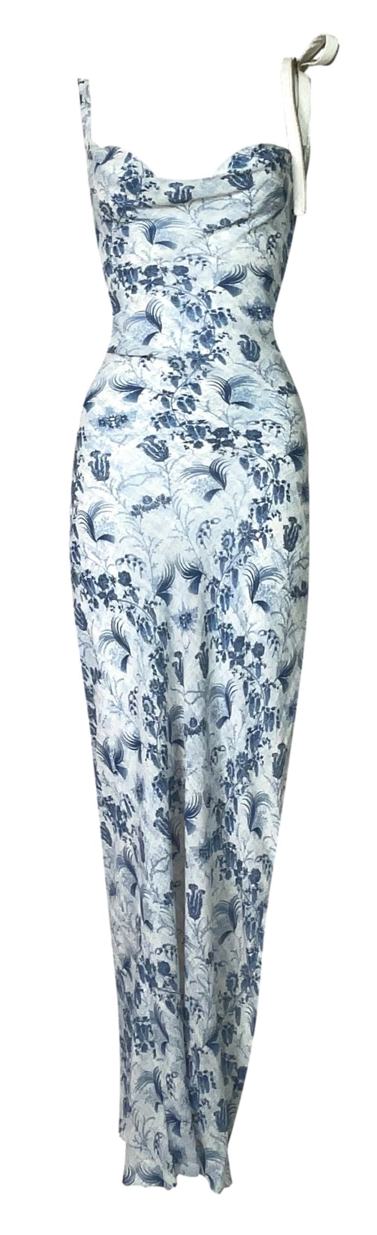 S/S 2001 Christian Dior by John Galliano Sheer Blue and White Silk Slit  Maxi Dress For Sale at 1stDibs