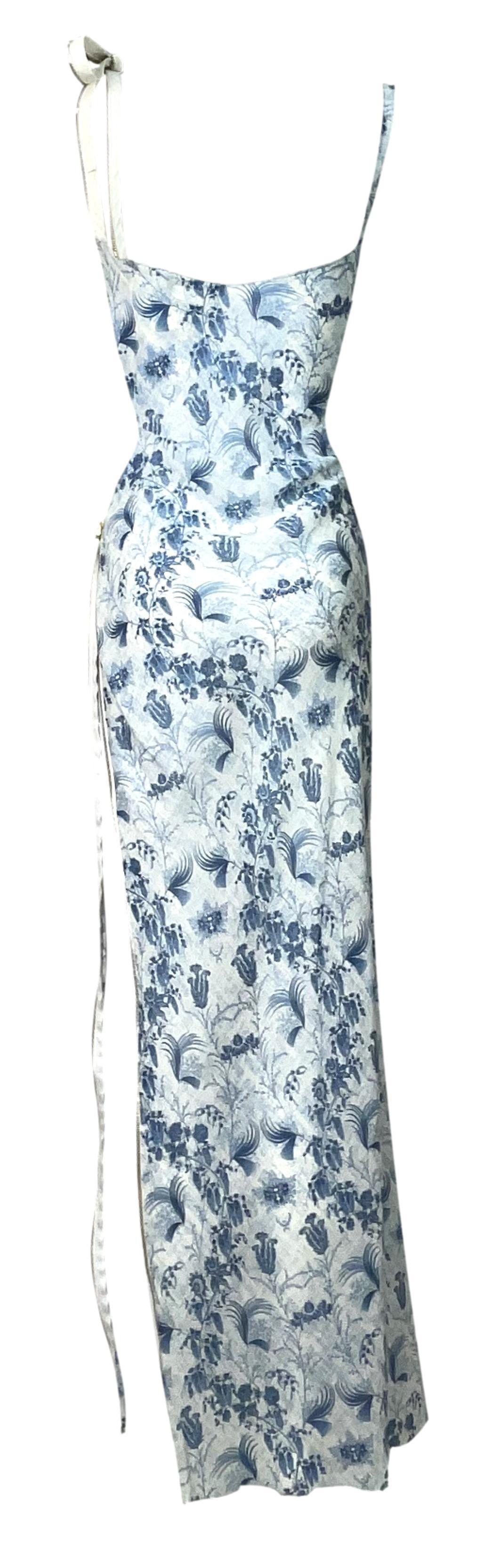 Women's S/S 2001 Christian Dior by John Galliano Sheer Blue & White Silk Slit Maxi Dress