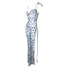 S/S 2001 Christian Dior by John Galliano Sheer Blue & White Silk Slit Maxi Dress