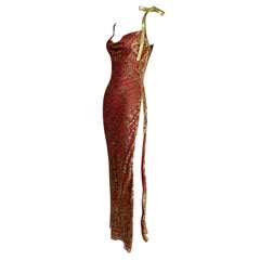 S/S 2001 Christian Dior John Galliano Red & Gold Zipper High Slit Gown Dress
