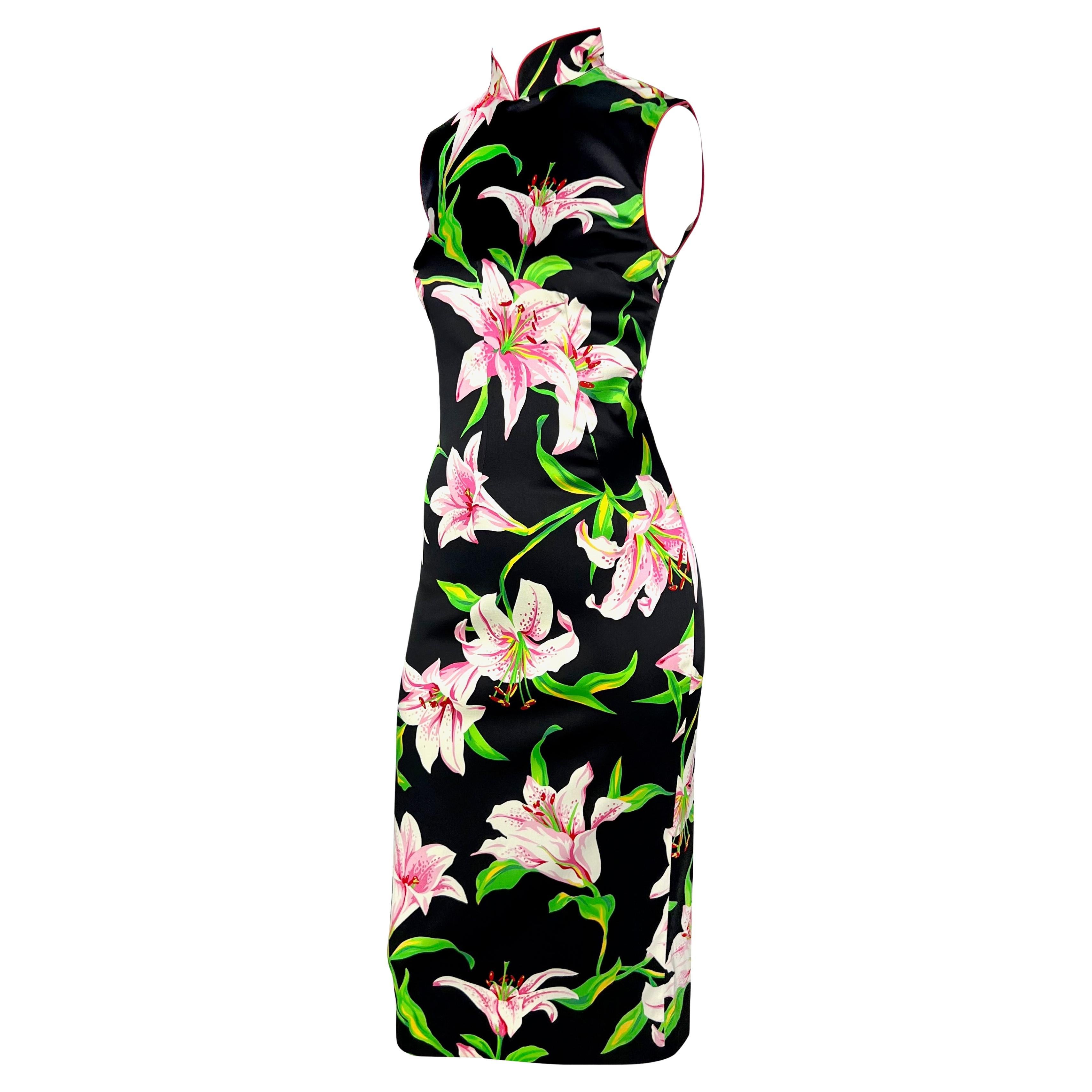 S/S 2001 Dolce & Gabbana Black Pink Lilly Print Bodycon Satin Sleeveless Dress In Excellent Condition For Sale In West Hollywood, CA