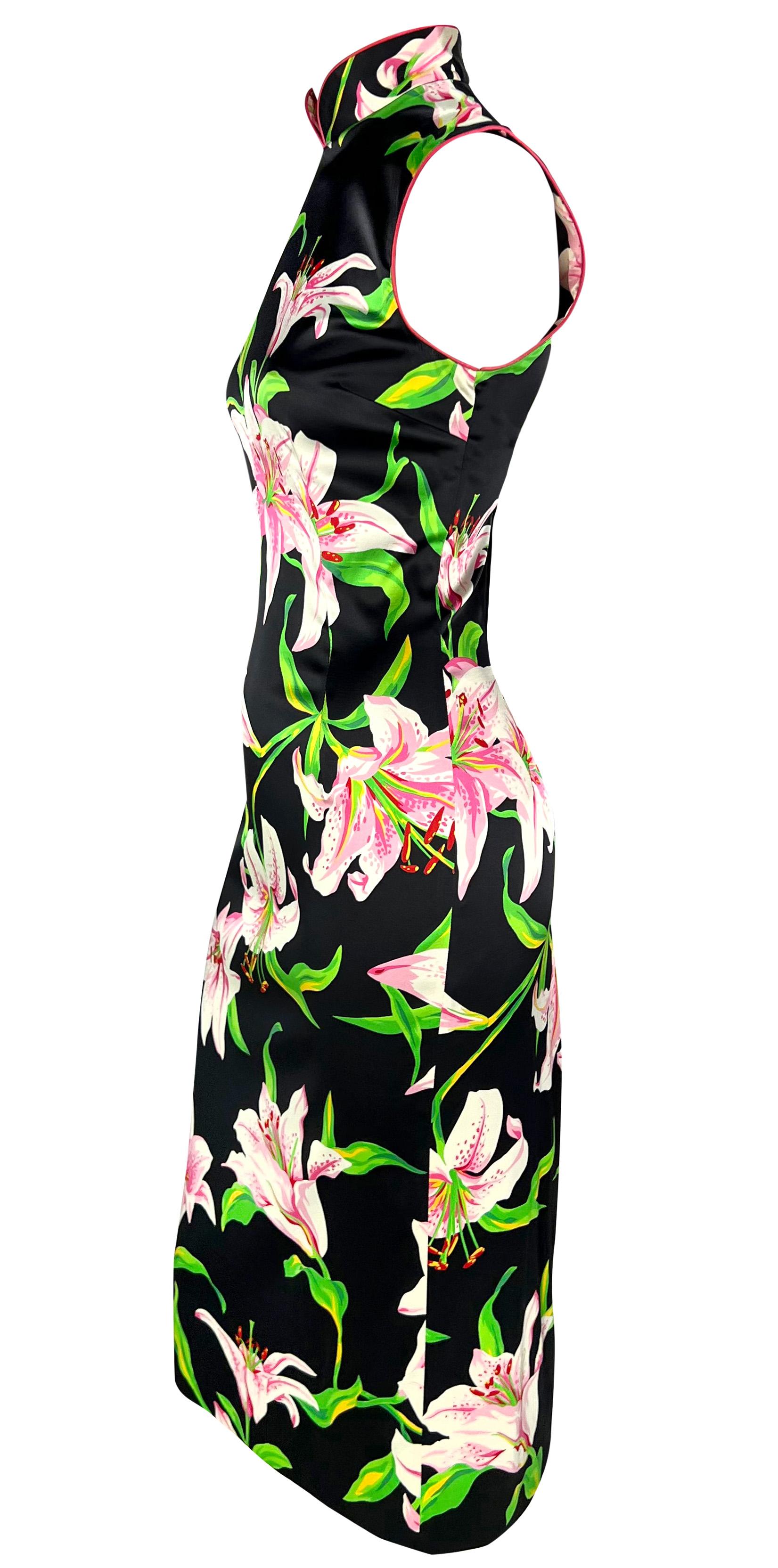 Women's S/S 2001 Dolce & Gabbana Black Pink Lilly Print Bodycon Satin Sleeveless Dress
