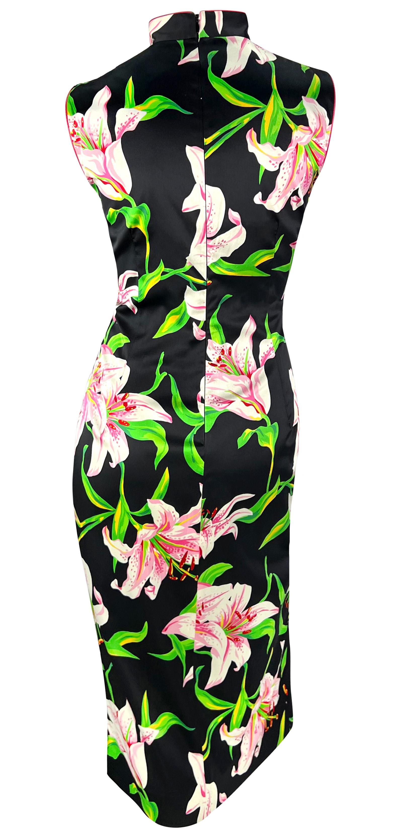 S/S 2001 Dolce & Gabbana Black Pink Lilly Print Bodycon Satin Sleeveless Dress For Sale 1