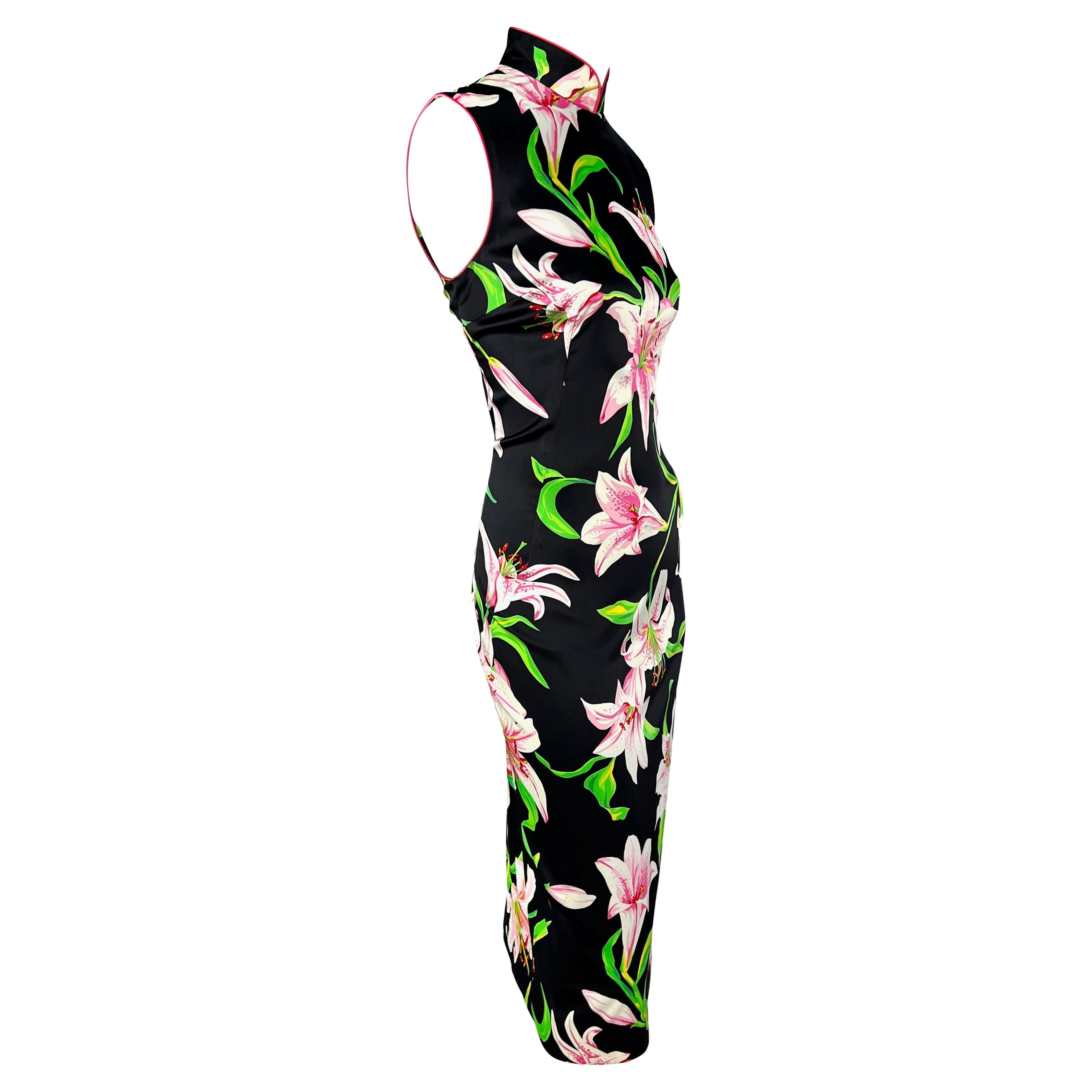 S/S 2001 Dolce & Gabbana Black Pink Lilly Print Bodycon Satin Sleeveless Dress For Sale 2