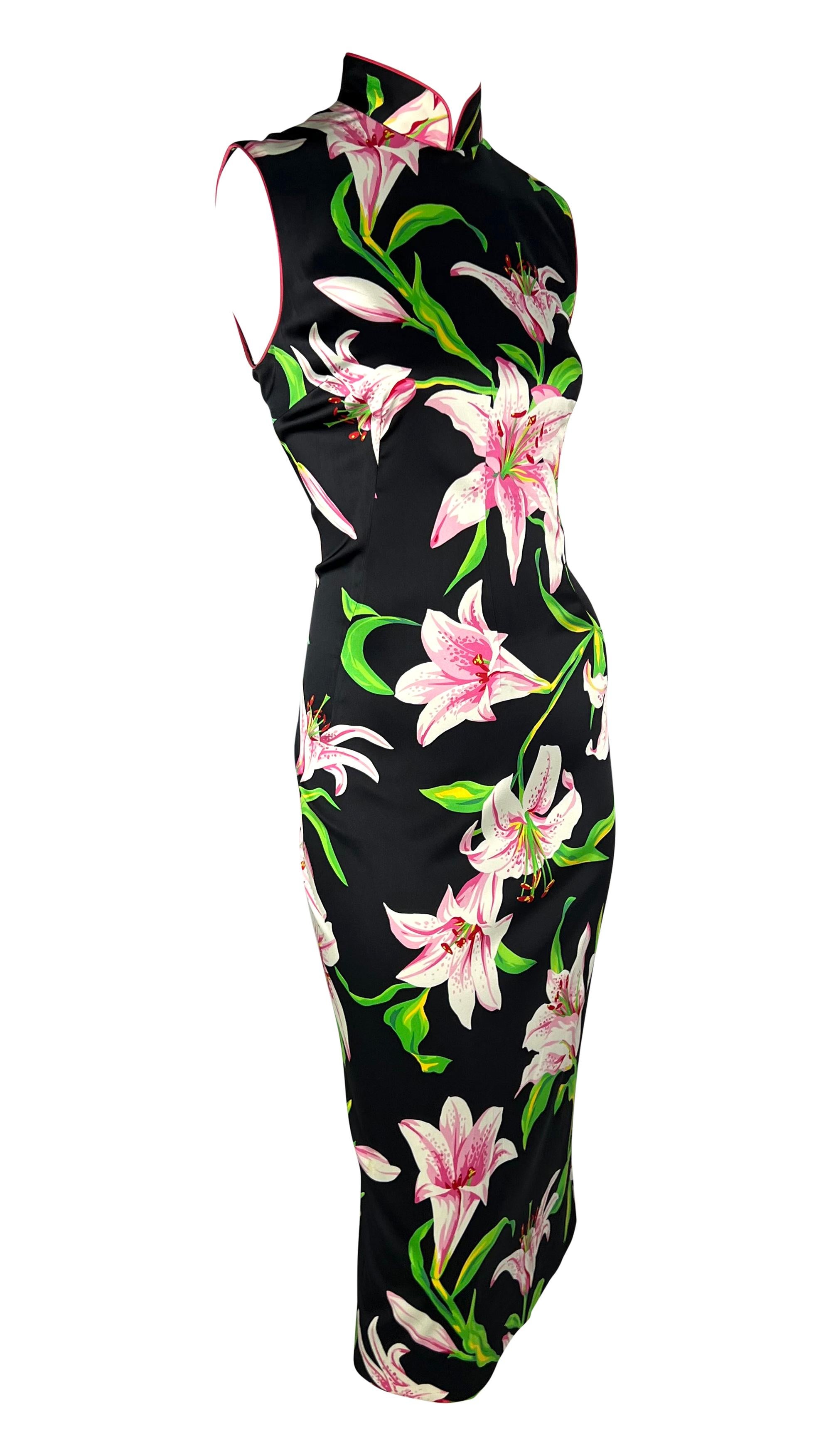 S/S 2001 Dolce & Gabbana Black Pink Lilly Print Bodycon Satin Sleeveless Dress For Sale 3