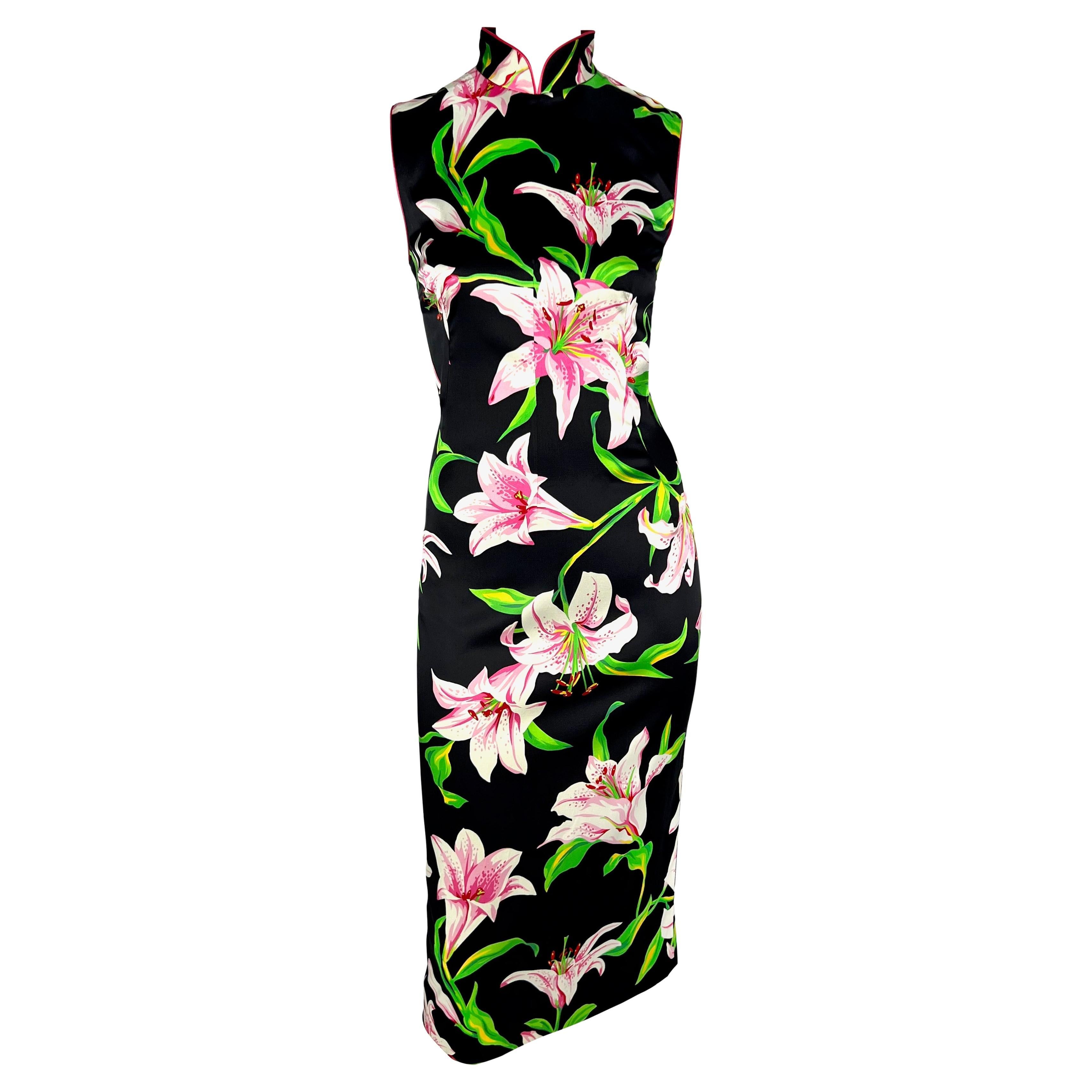 S/S 2001 Dolce & Gabbana Black Pink Lilly Print Bodycon Satin Sleeveless Dress For Sale