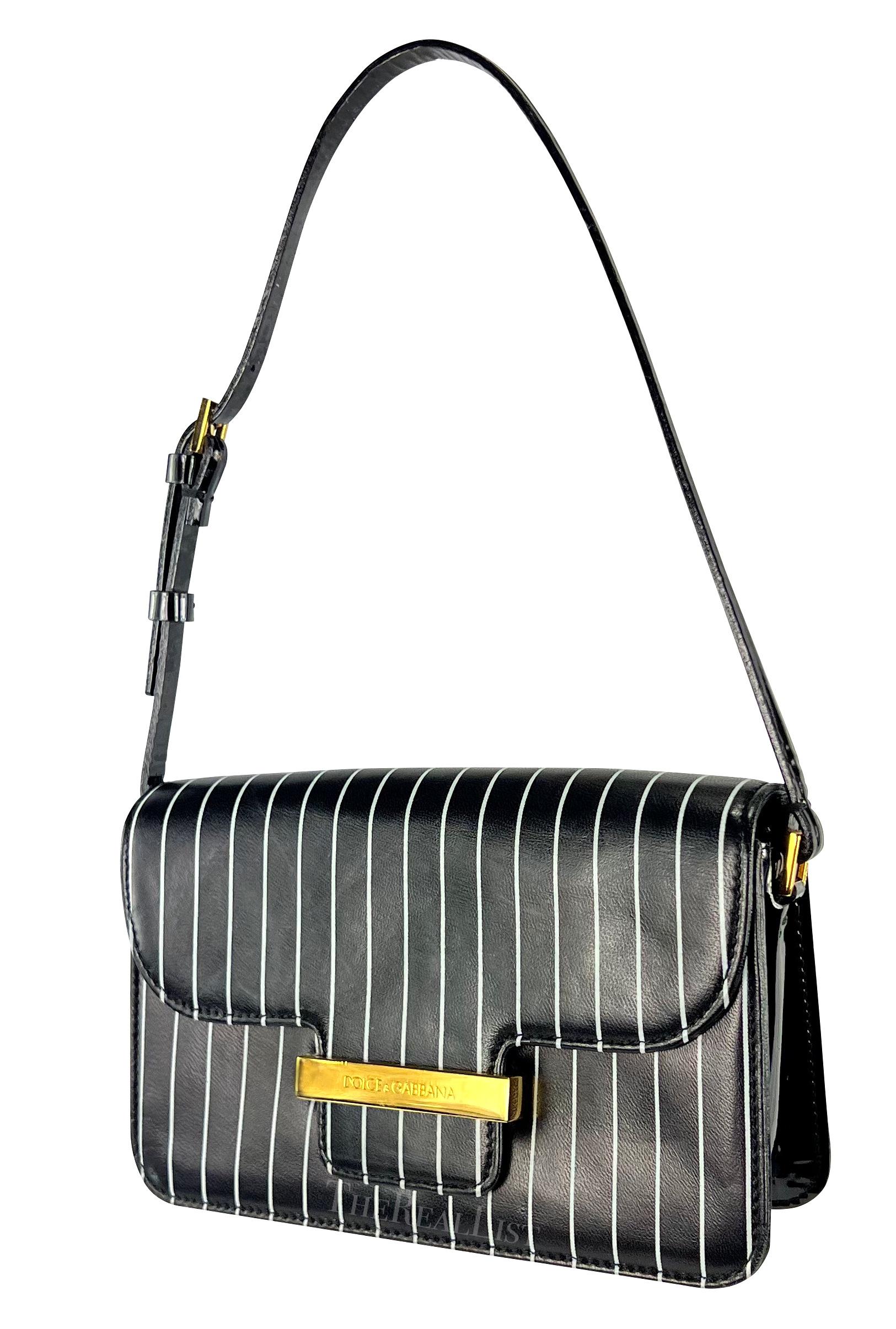 S/S 2001 Dolce & Gabbana Runway Black Pinstripe Leather Patent Mini Shoulder Bag In Excellent Condition For Sale In West Hollywood, CA
