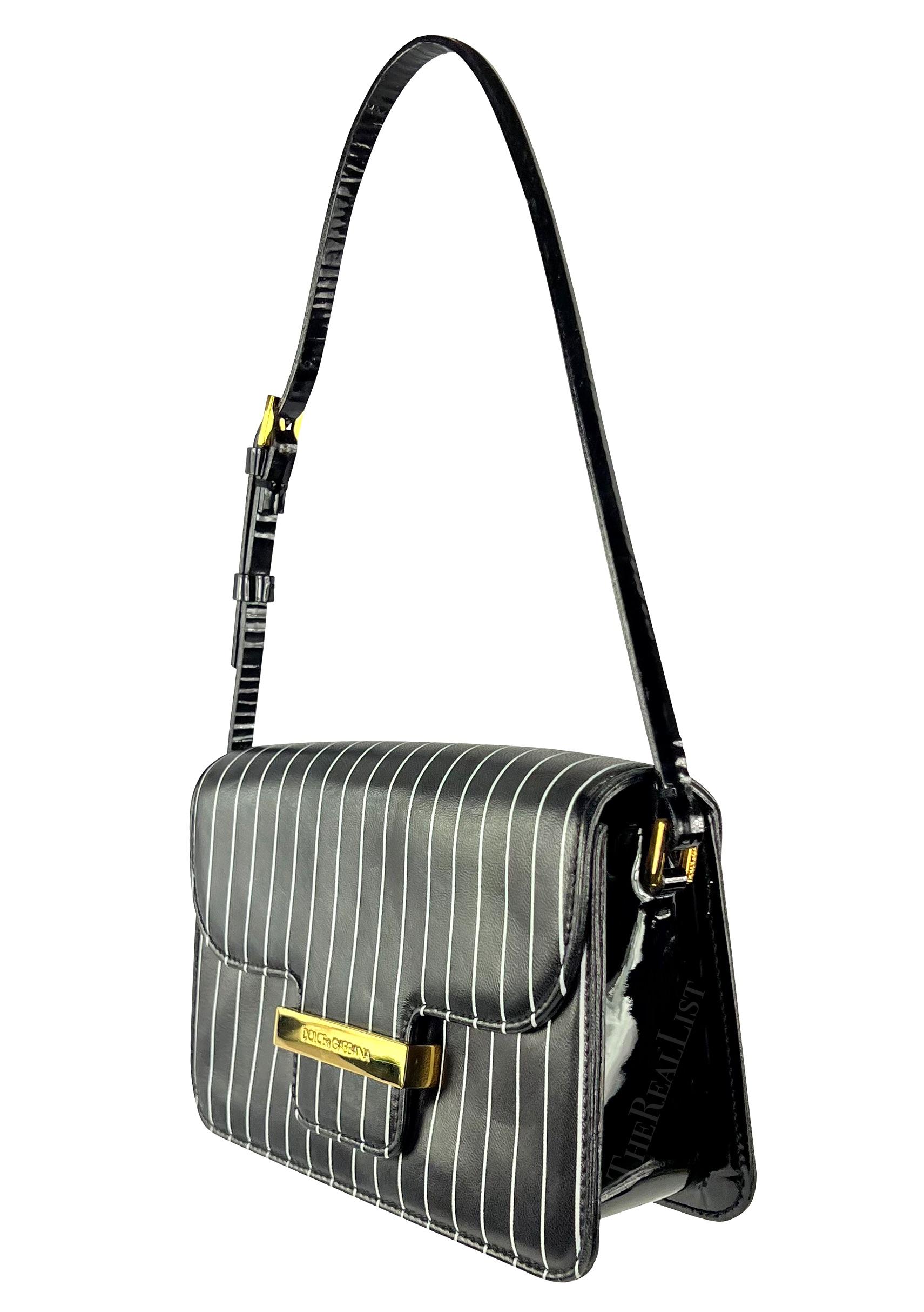 Women's S/S 2001 Dolce & Gabbana Runway Black Pinstripe Leather Patent Mini Shoulder Bag For Sale