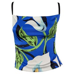 Dolce 
Gabbana - P/E 2001 - Top bustier in raso blu con stampa di The Lilly e disossamento del corsetto