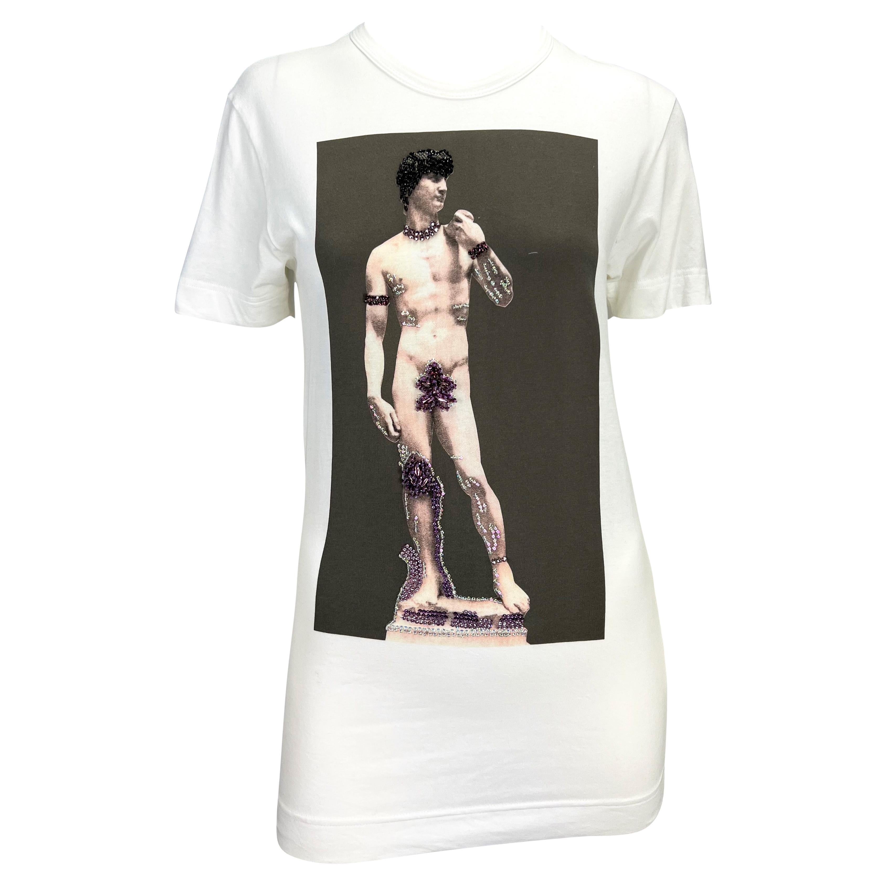 F/W 2001 Dolce & Gabbana Michelangelo David Print Rhinestone Short Sleeve Top For Sale