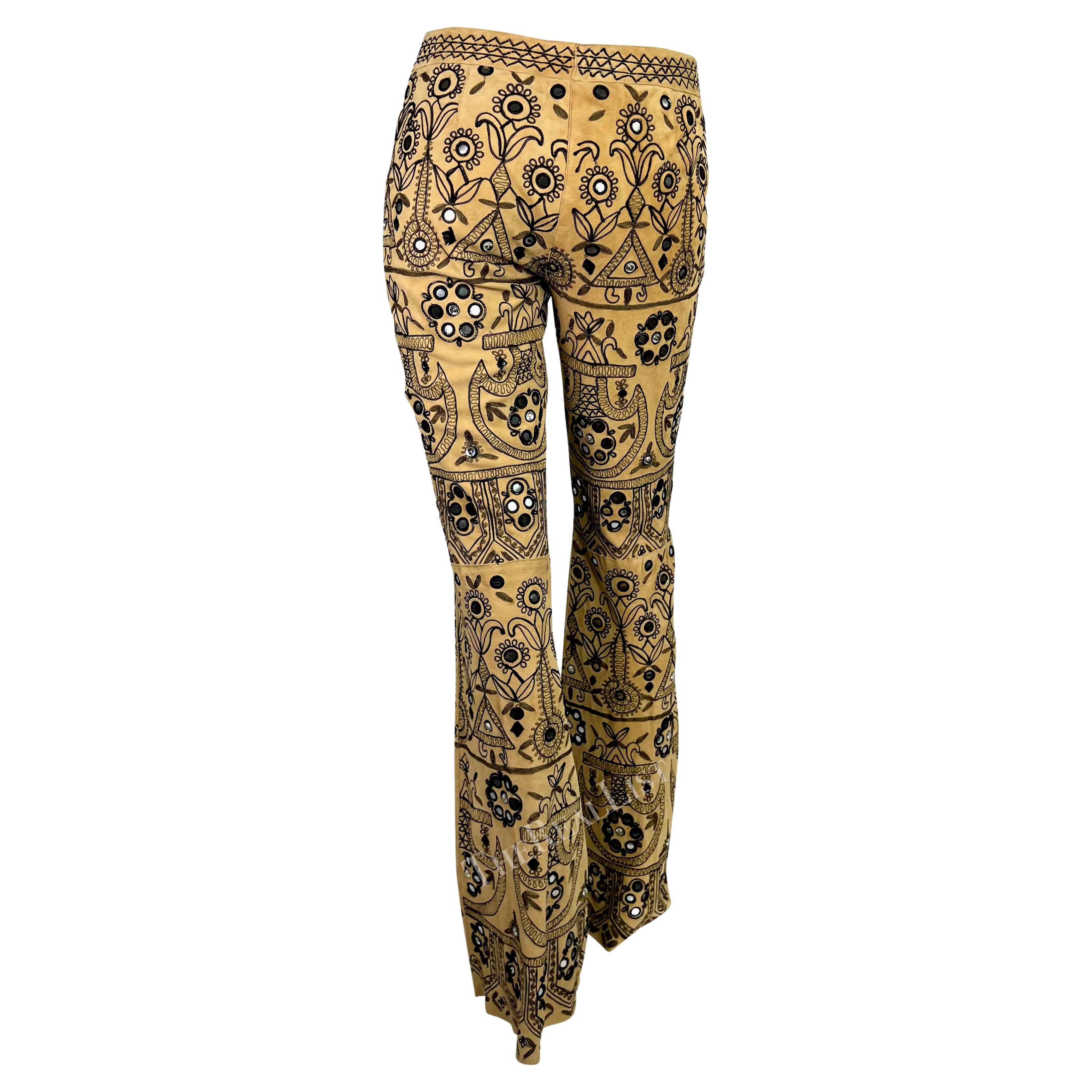 S/S 2001 Dolce & Gabbana Mirror Embroidered Tan Suede Flare Pants For Sale 7