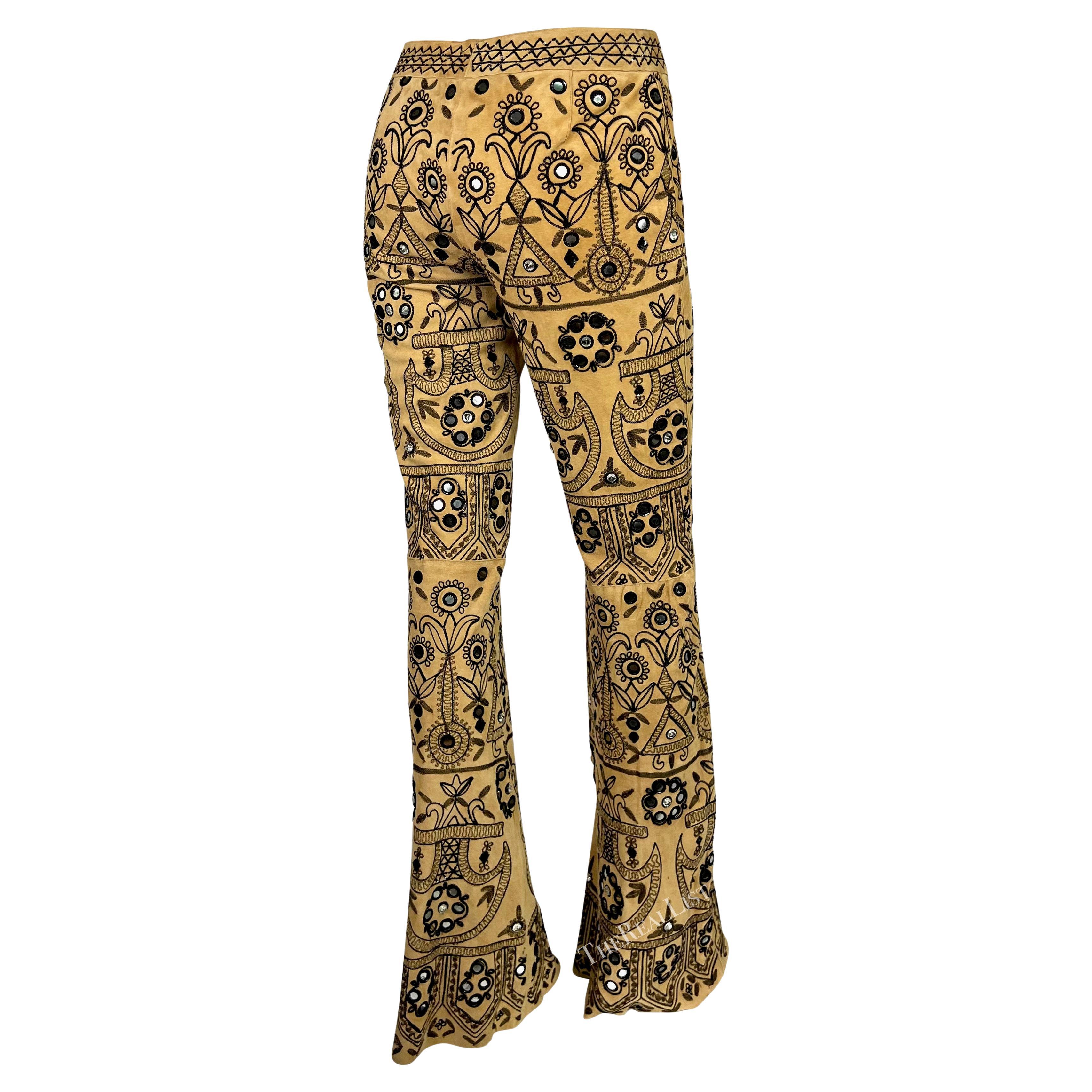 S/S 2001 Dolce & Gabbana Mirror Embroidered Tan Suede Flare Pants For Sale 8