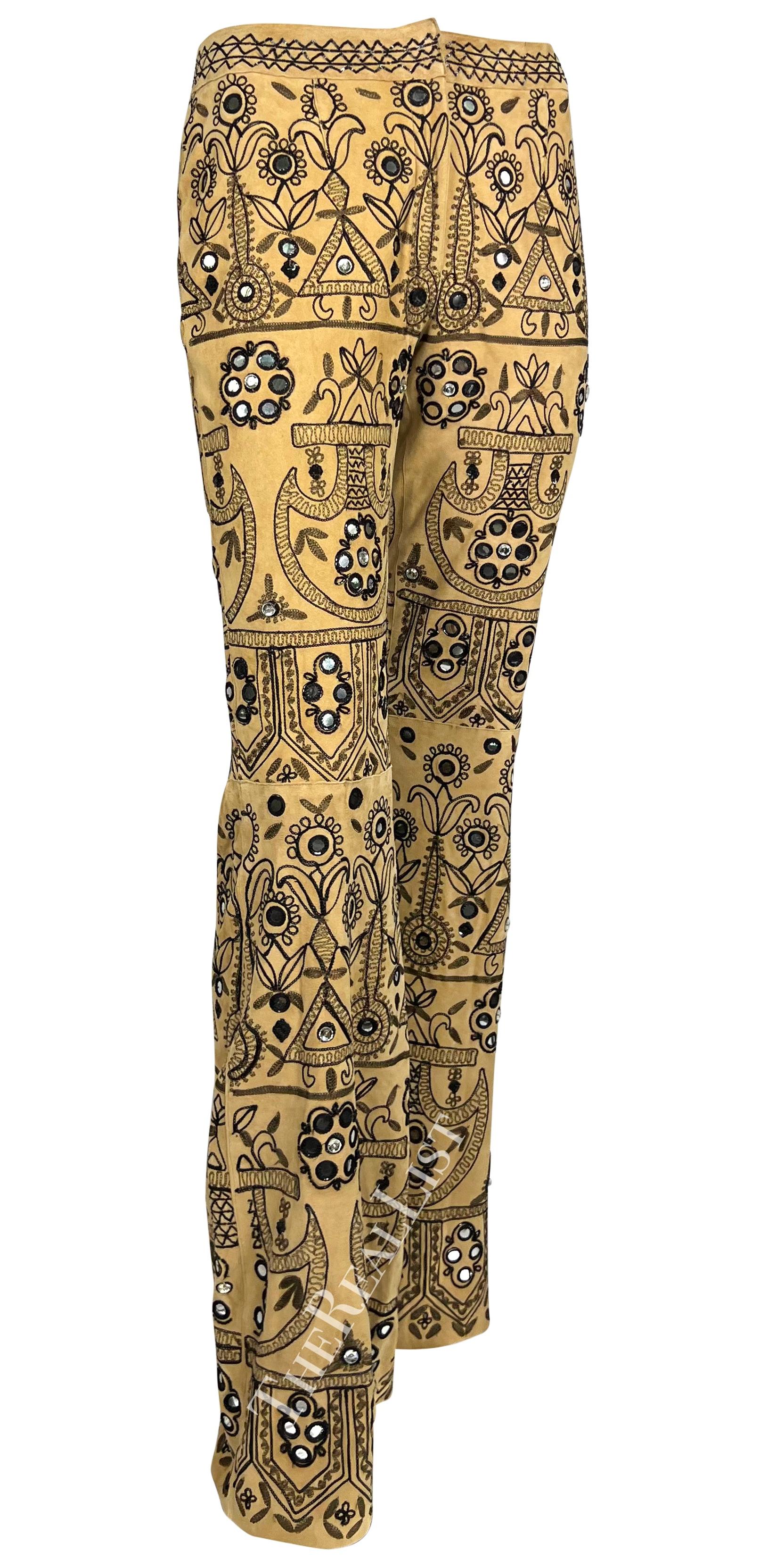 S/S 2001 Dolce & Gabbana Mirror Embroidered Tan Suede Flare Pants For Sale 1