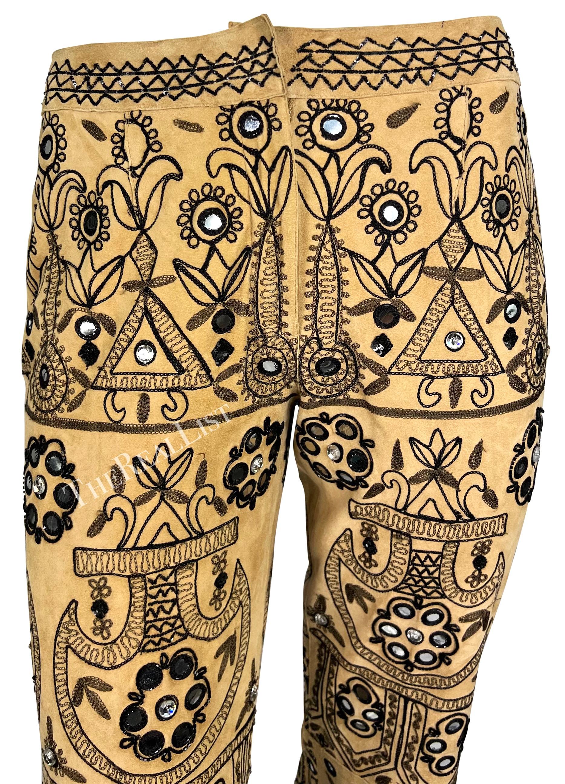 S/S 2001 Dolce & Gabbana Mirror Embroidered Tan Suede Flare Pants For Sale 2