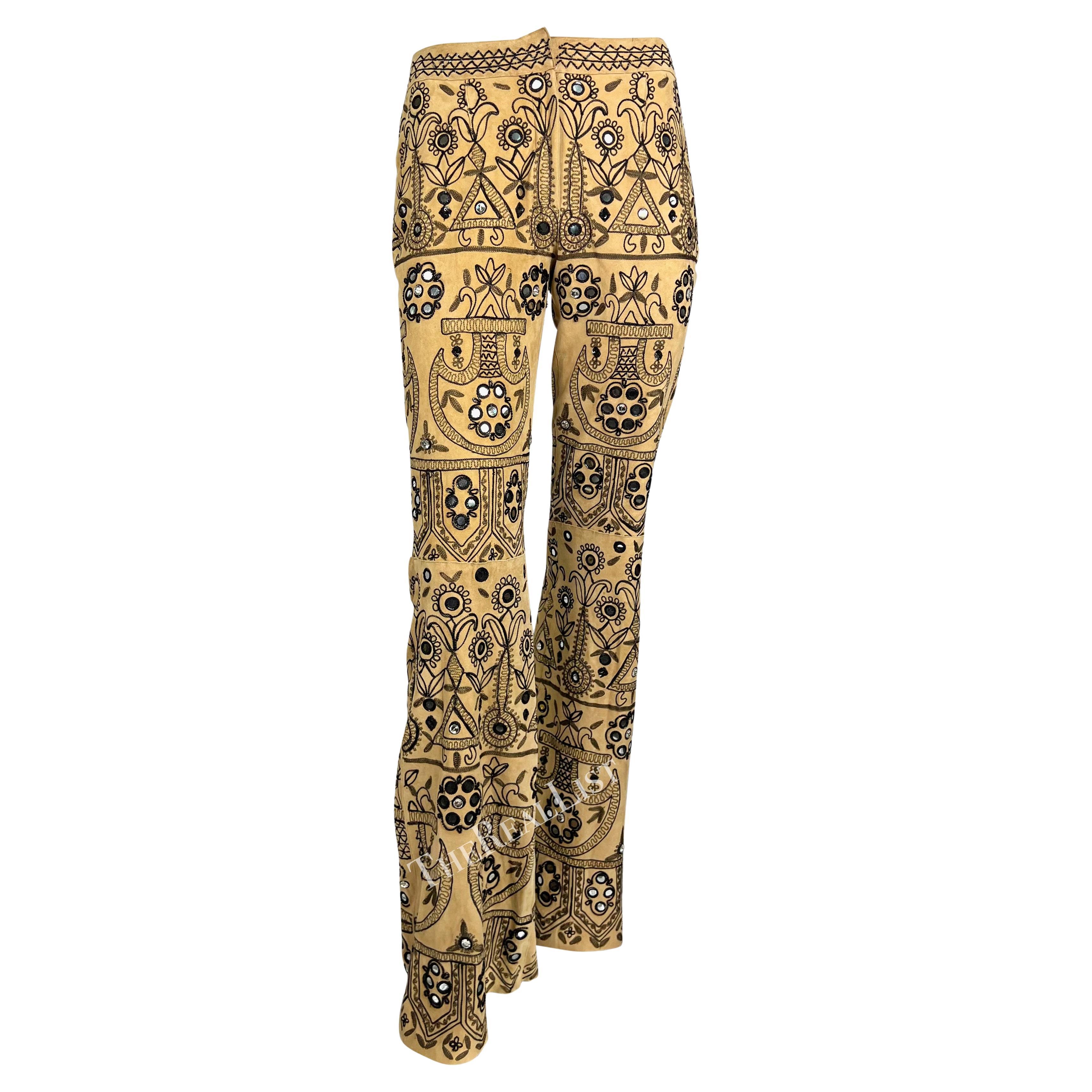 S/S 2001 Dolce & Gabbana Mirror Embroidered Tan Suede Flare Pants For Sale 3