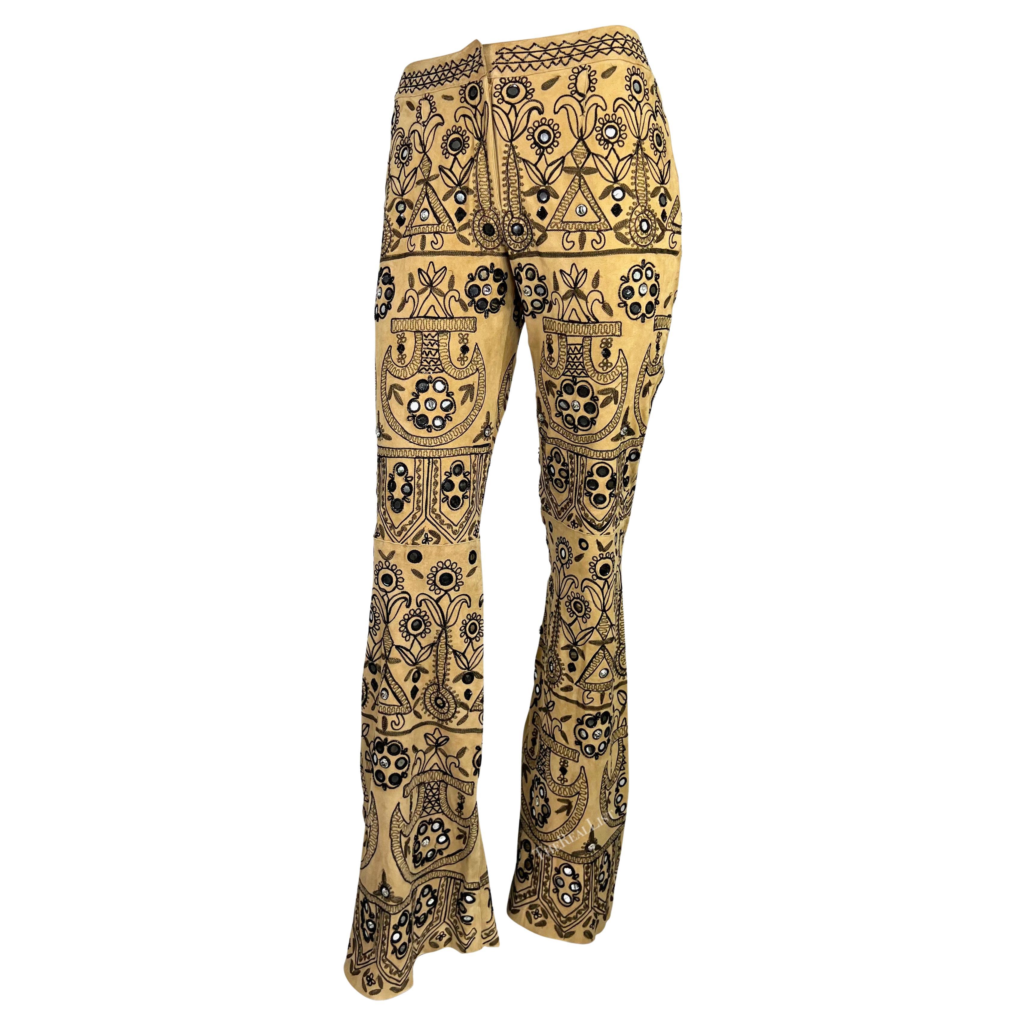 S/S 2001 Dolce & Gabbana Mirror Embroidered Tan Suede Flare Pants For Sale 4