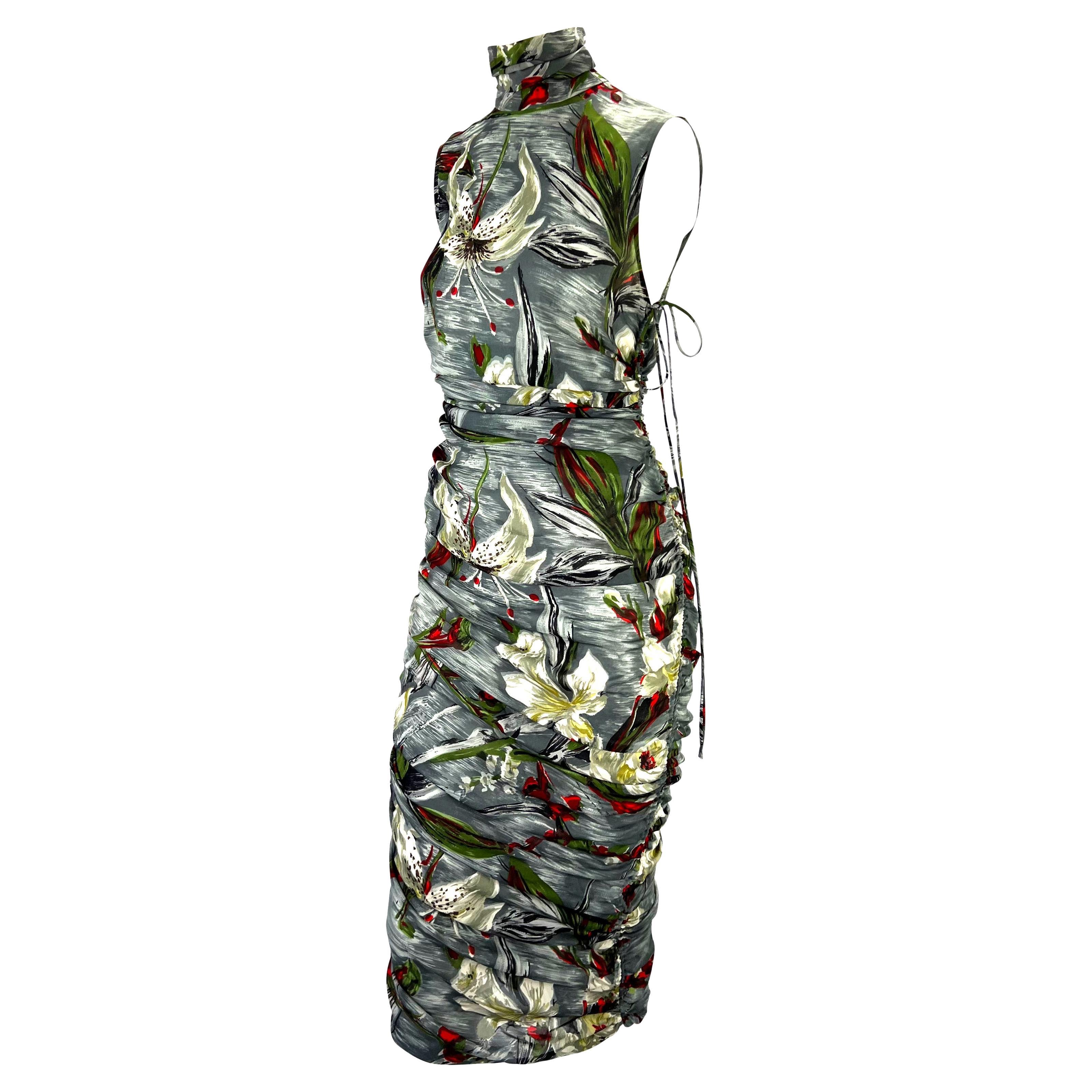 Gray S/S 2001 Dolce & Gabbana Ruched Grey Silk Floral Printed Runway Dress For Sale