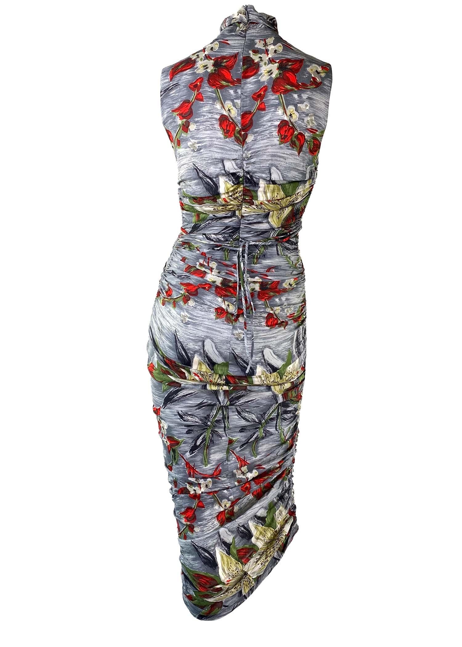 Gray S/S 2001 Dolce & Gabbana Ruched Grey Silk Floral Printed Runway Dress For Sale