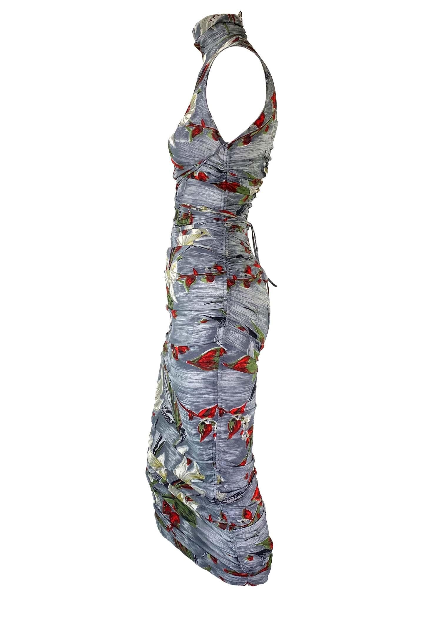 S/S 2001 Dolce & Gabbana Ruched Grey Silk Floral Printed Runway Dress In Good Condition For Sale In West Hollywood, CA