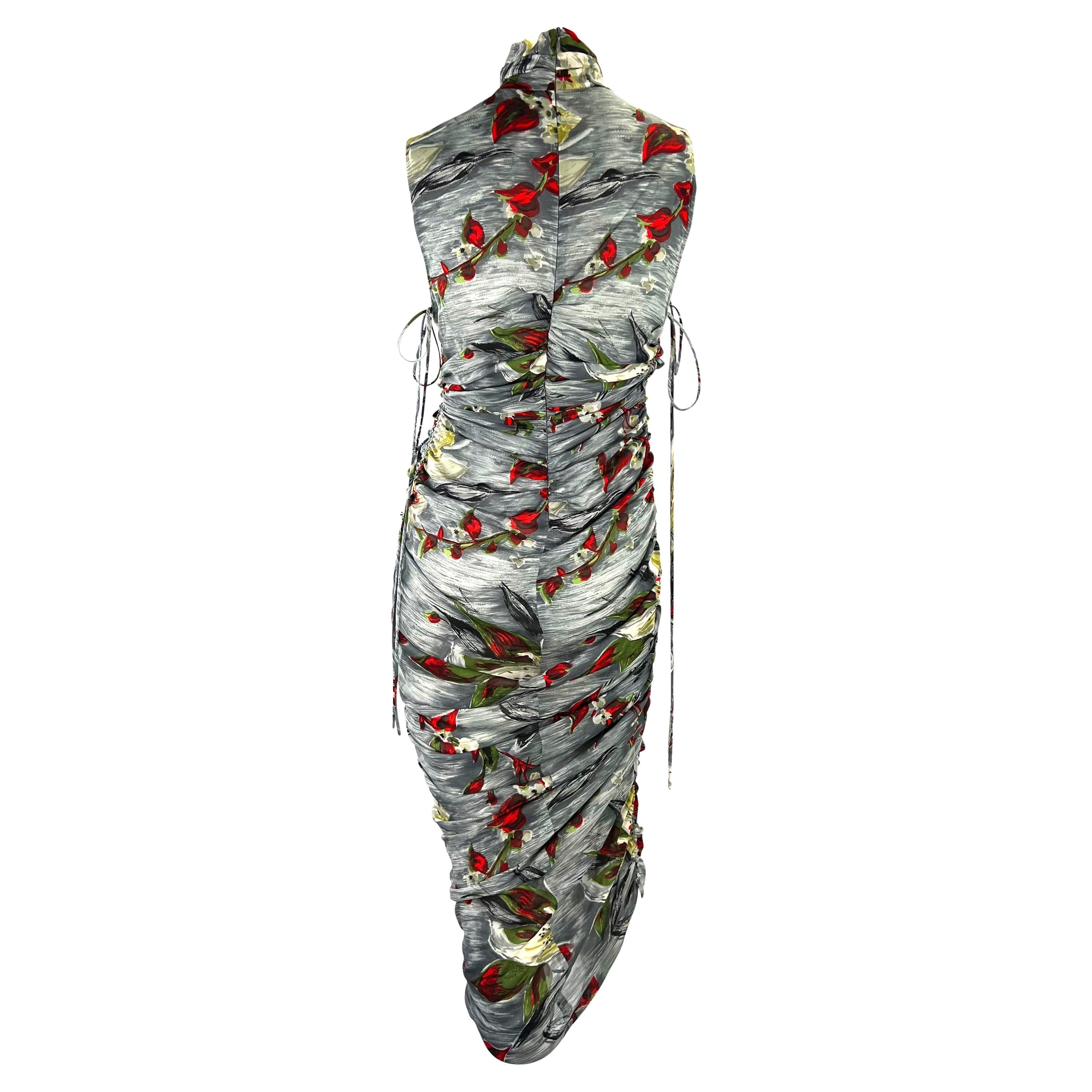 S/S 2001 Dolce & Gabbana Ruched Grey Silk Floral Printed Runway Dress For Sale 1