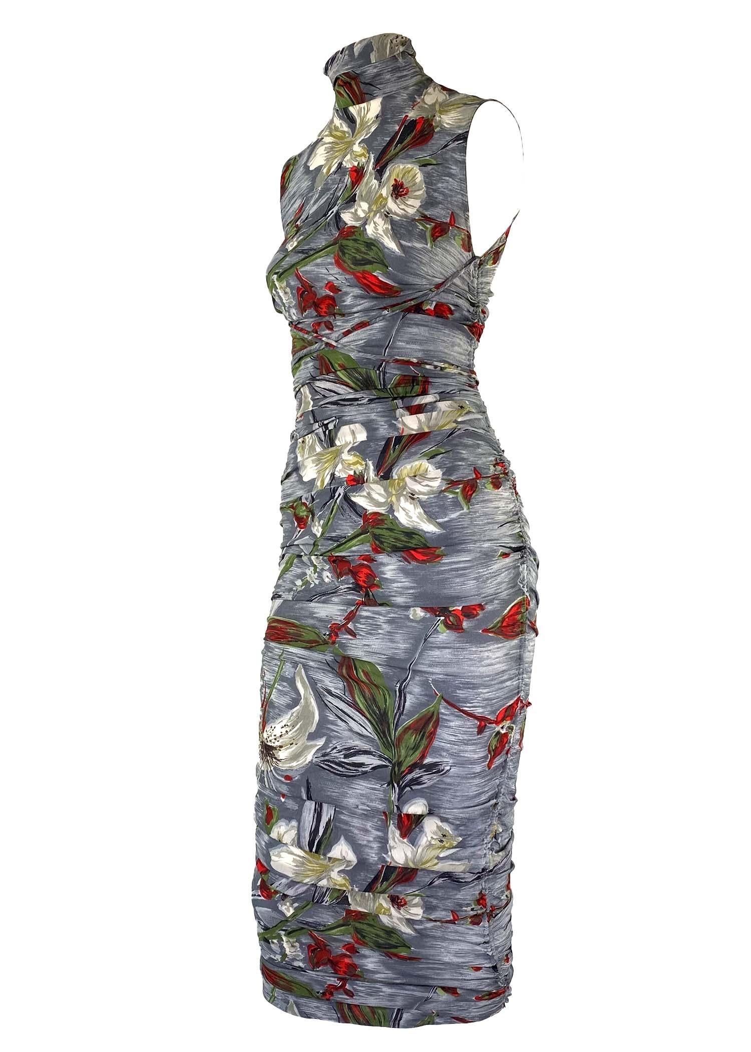 Women's S/S 2001 Dolce & Gabbana Ruched Grey Silk Floral Printed Runway Dress For Sale
