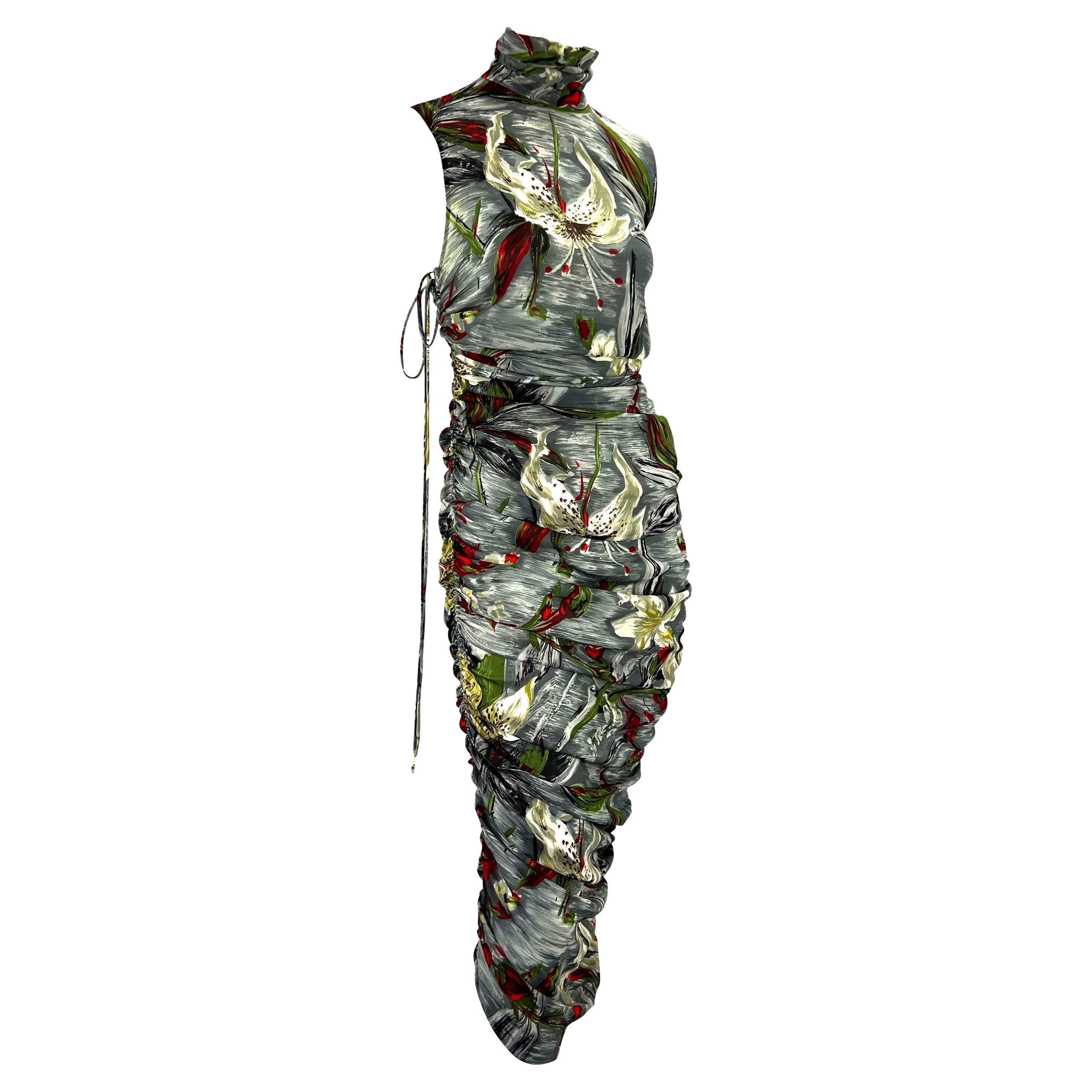 S/S 2001 Dolce & Gabbana Ruched Grey Silk Floral Printed Runway Dress For Sale 3