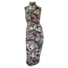 S/S 2001 Dolce & Gabbana Ruched Grey Silk Floral Printed Runway Dress